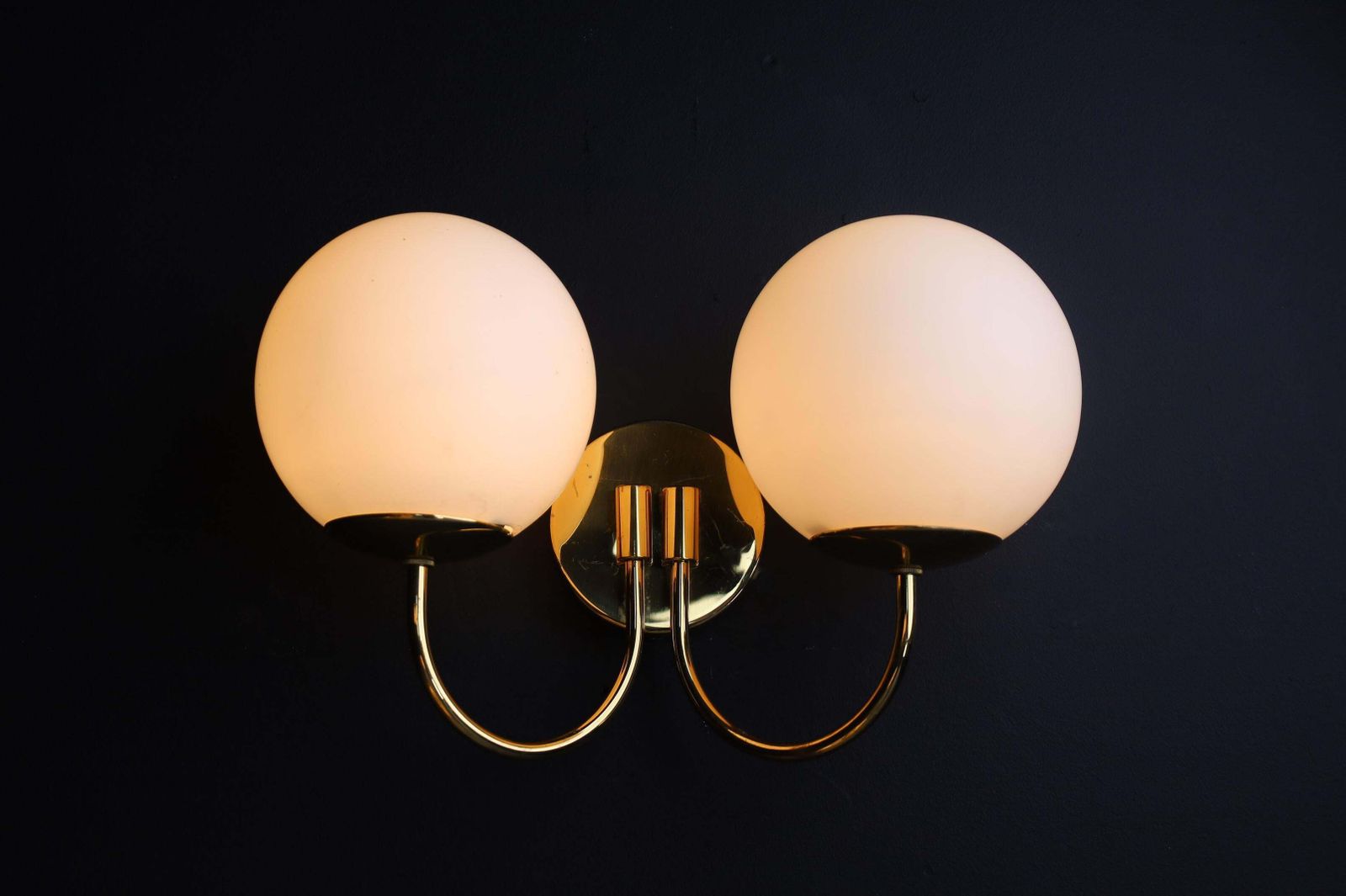 Elegant Sconces With Brass Fixtures And Opaline Glass Globes, Italy, 1960s photo vinterior