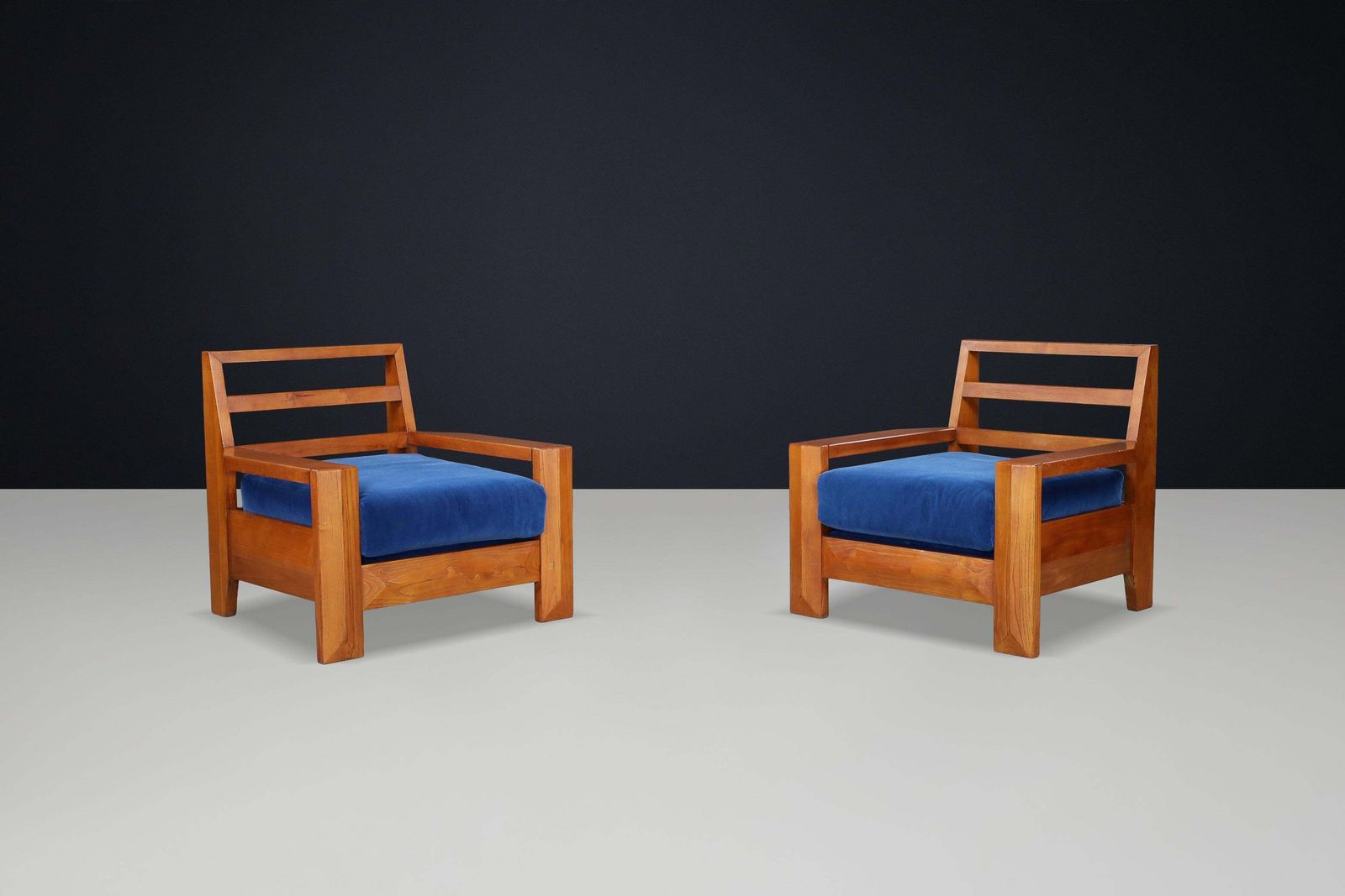 Maison Regain Elm Lounge Chairs With Blue Velvet Seat, France, 1970s photo furniture