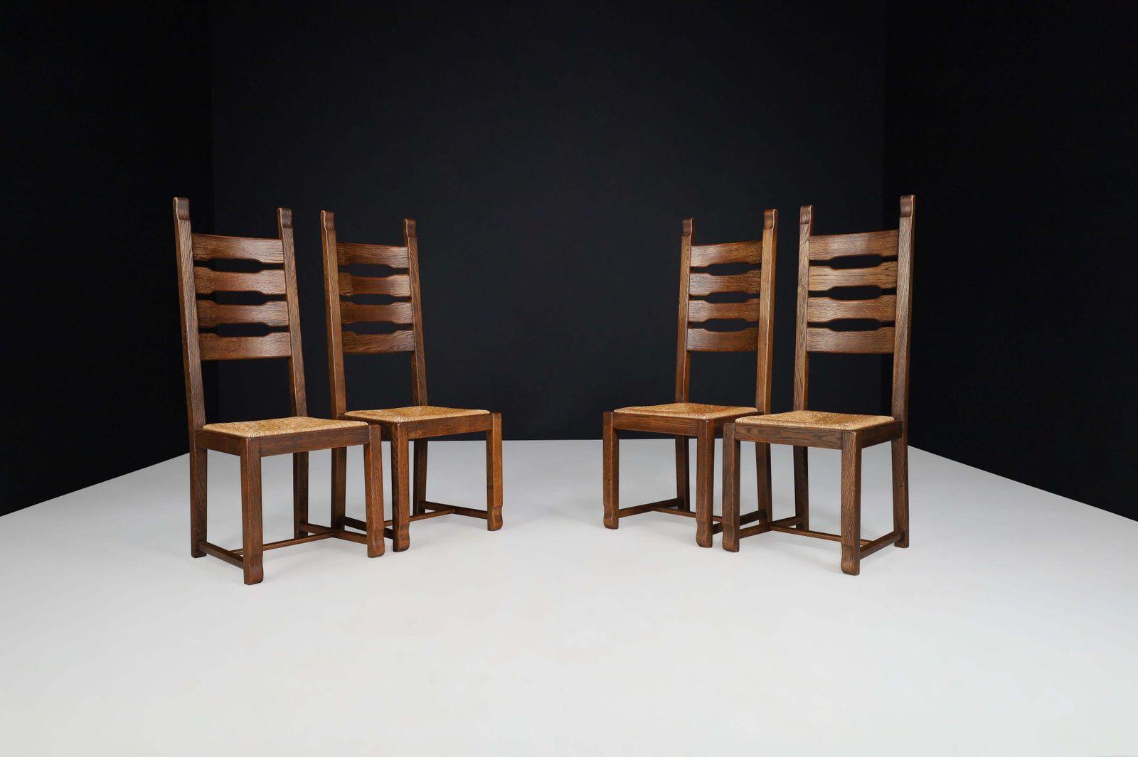 Oak And Rush High Back Dining Chairs, France, 1960s photo 3508.0