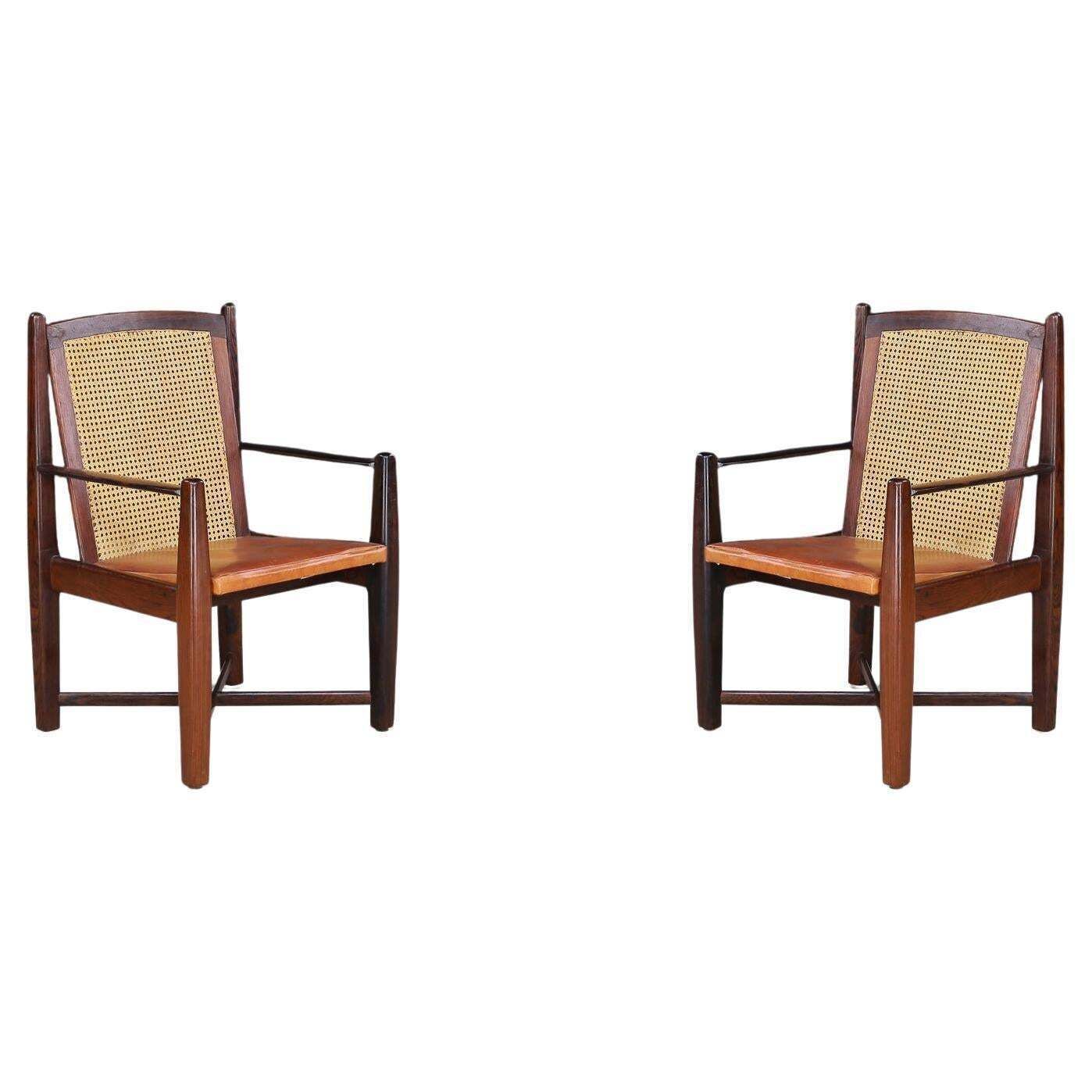 Mid Century Modern Hardwood, Cane, And Leather Armchairs, Brazil 1960s