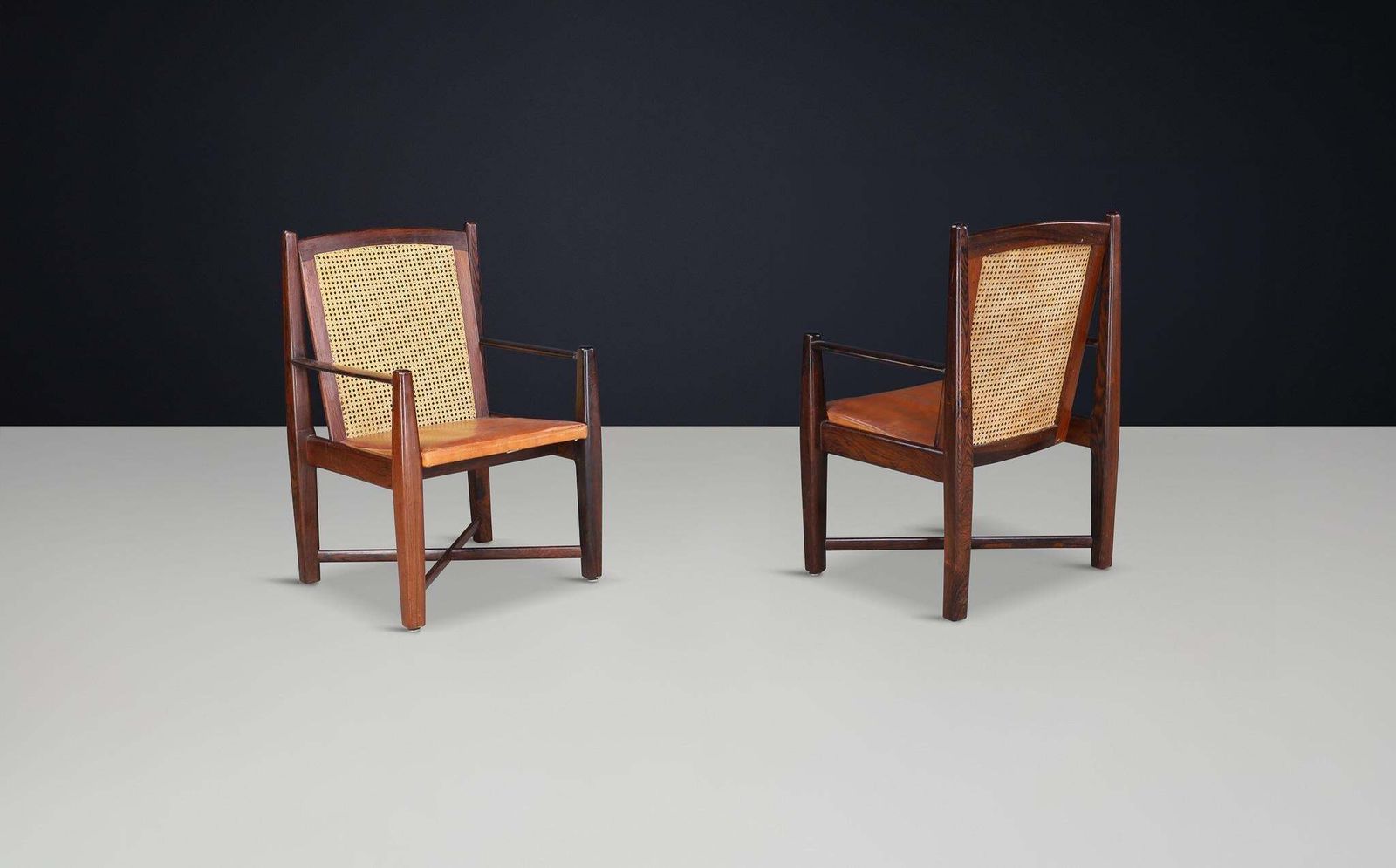 Mid Century Modern Hardwood, Cane, And Leather Armchairs, Brazil 1960s photo Furniture