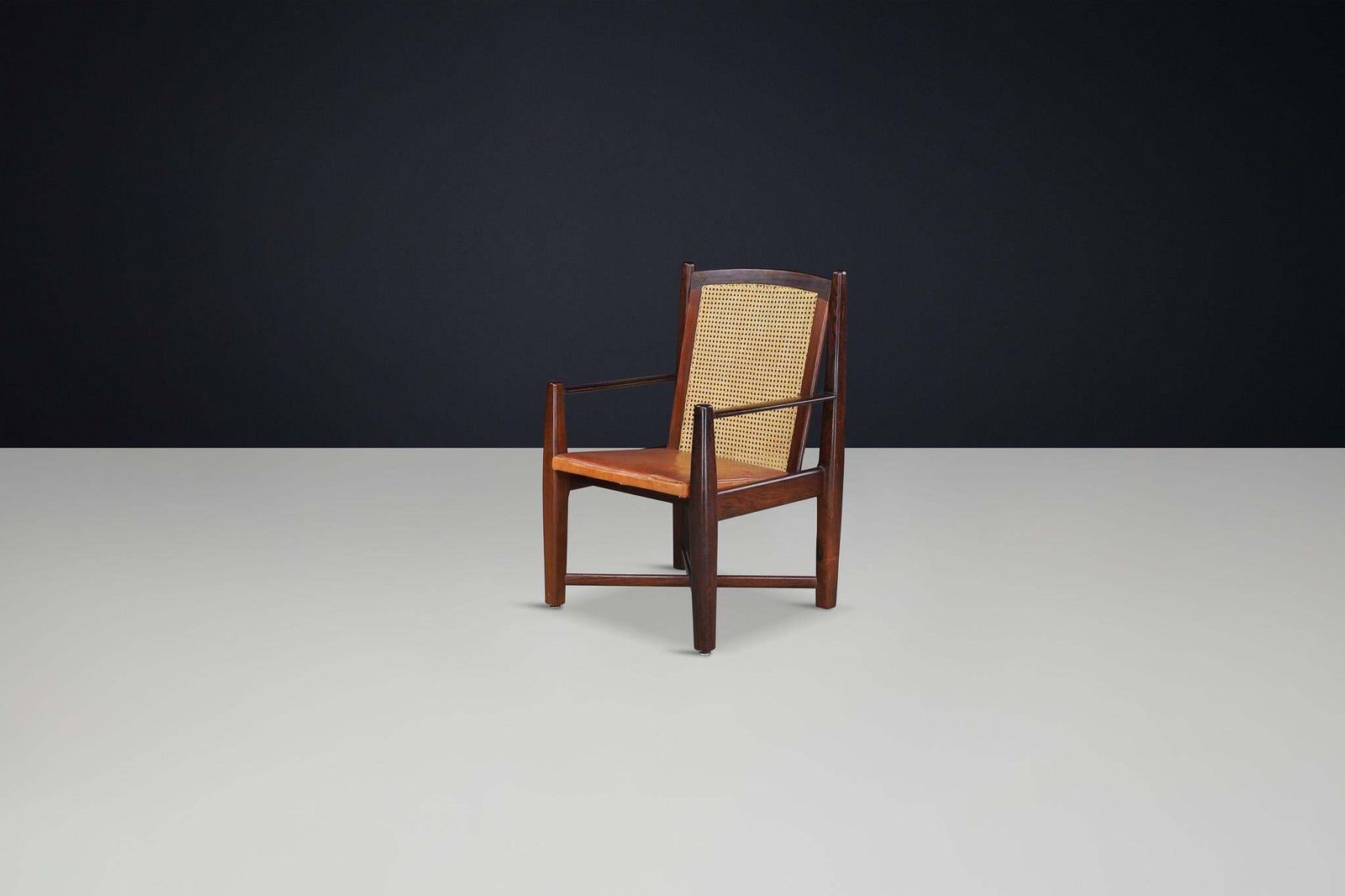photo for sale Mid Century Modern Hardwood, Cane, And Leather Armchairs, Brazil 1960s