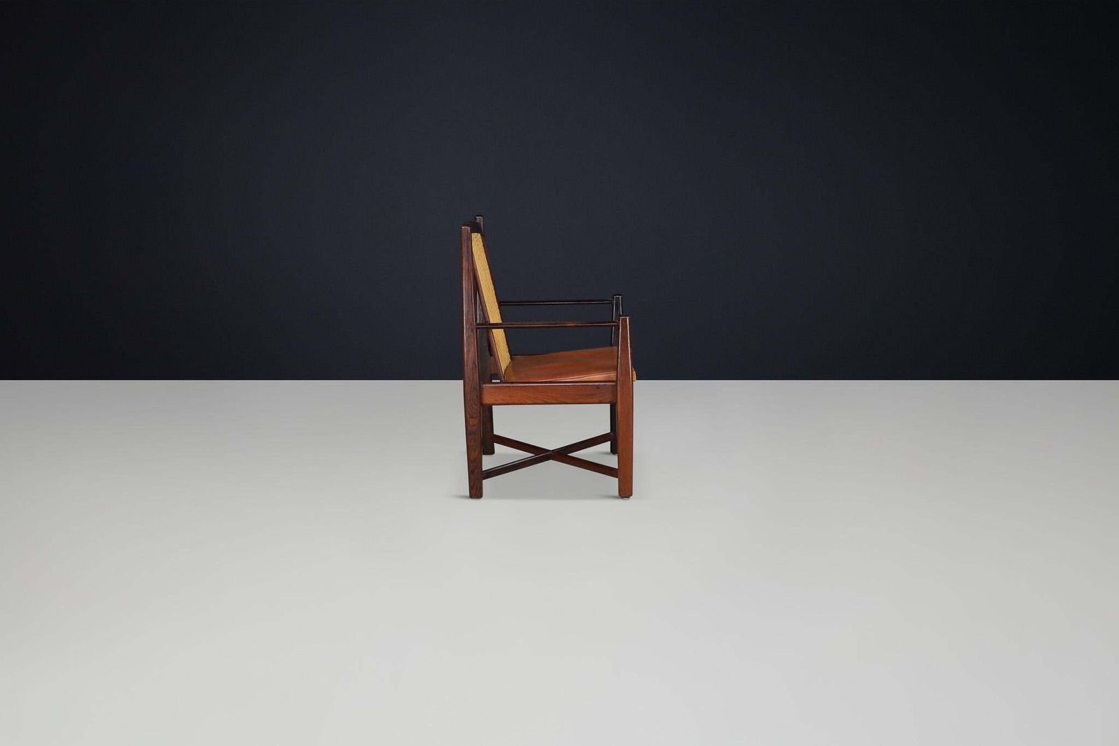 photo vinterior Mid Century Modern Hardwood, Cane, And Leather Armchairs, Brazil 1960s