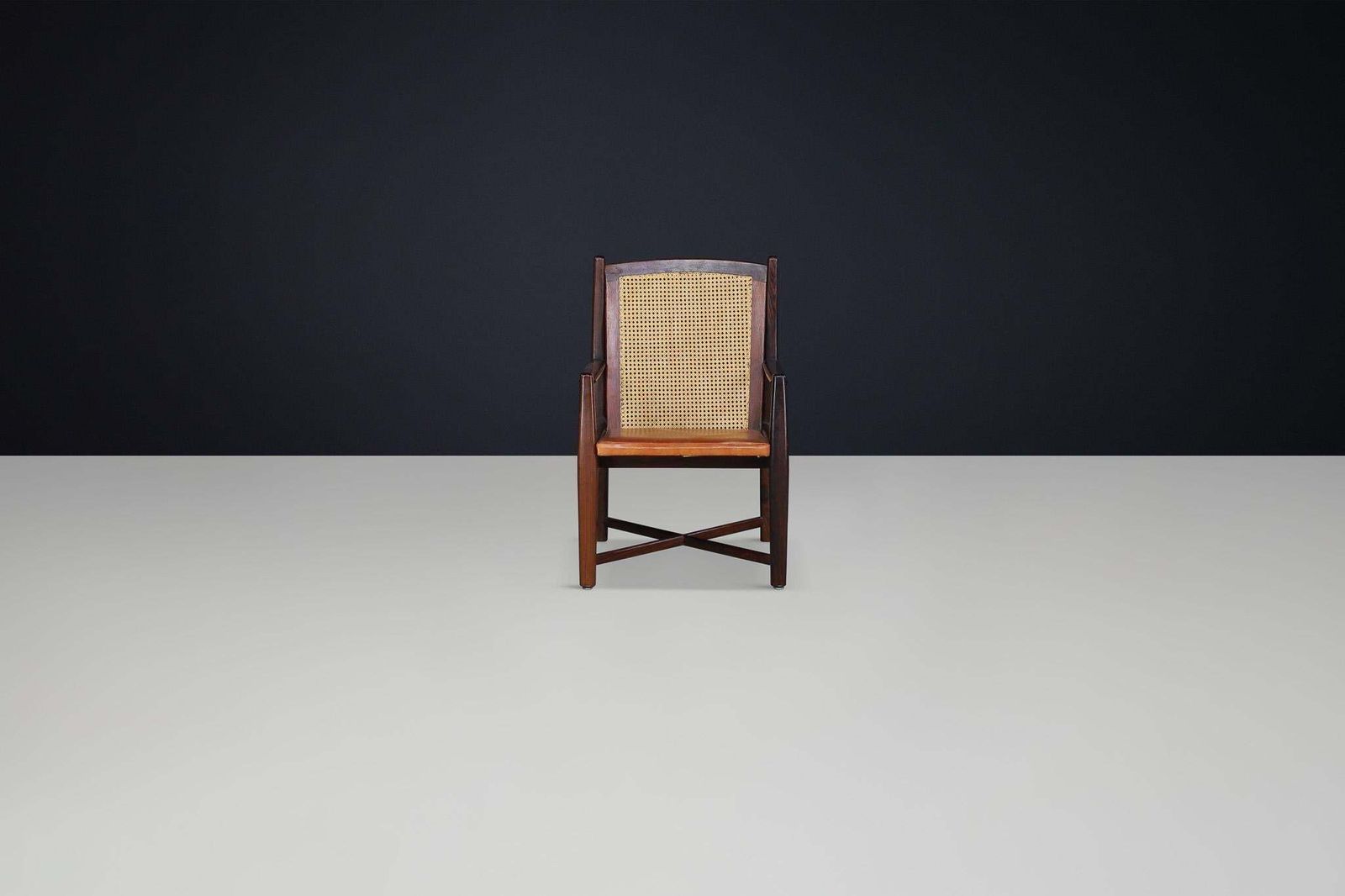photo buy Mid Century Modern Hardwood, Cane, And Leather Armchairs, Brazil 1960s