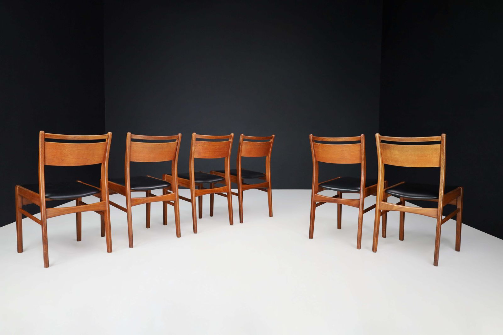 Set Of 6 Scandinavian Modern Teak And Leather Dining Chairs, Denmark, 1960s photo for sale