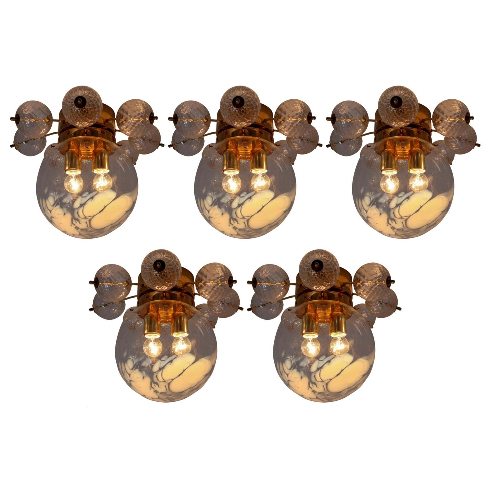 Large Midcentury Brass Ceiling Lamp Chandelier With Handblown Art Glass , 1960s