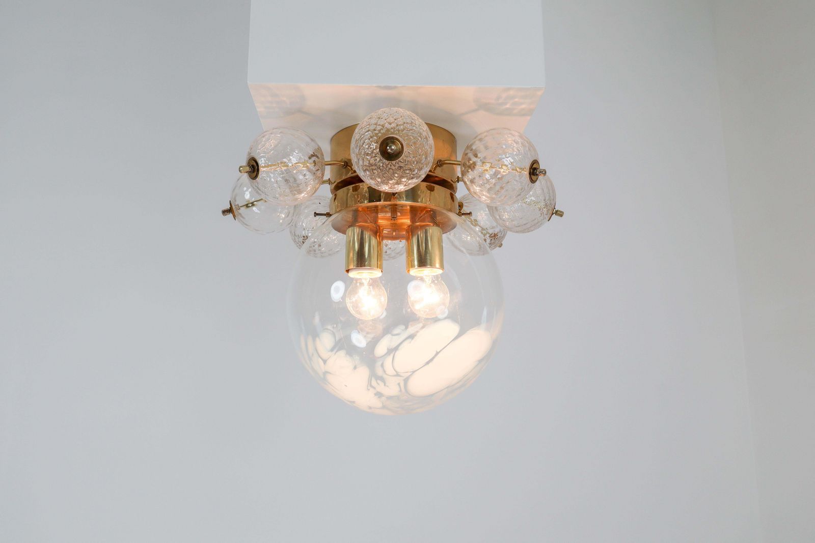 Large Midcentury Brass Ceiling Lamp Chandelier With Handblown Art Glass , 1960s photo 2276.0