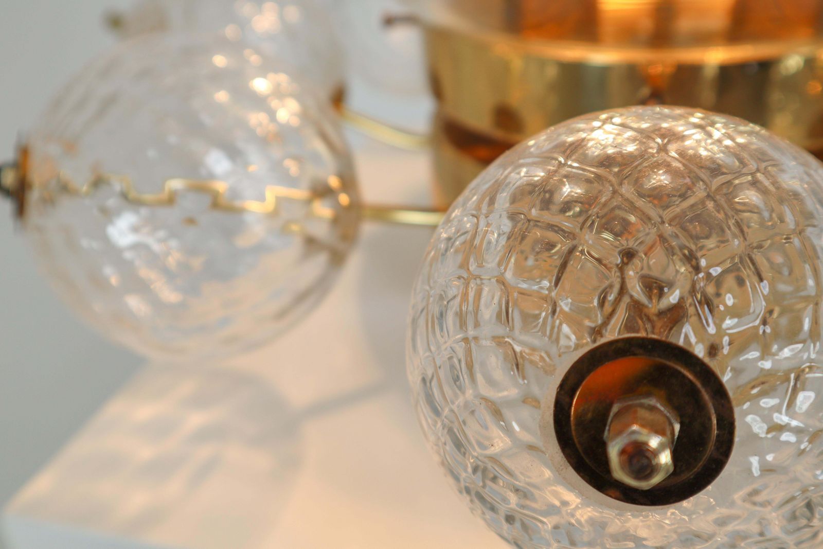 photo furniture Large Midcentury Brass Ceiling Lamp Chandelier With Handblown Art Glass , 1960s