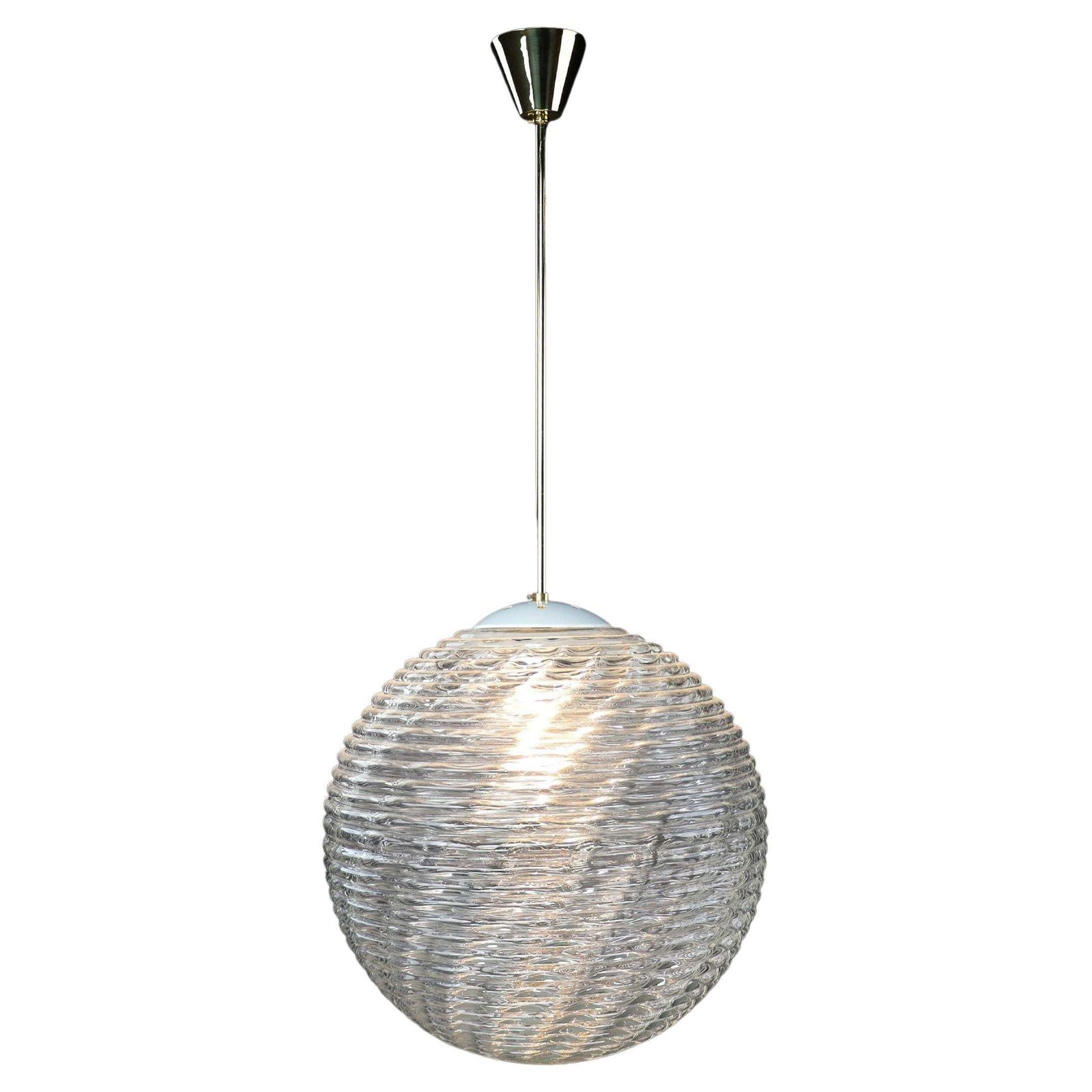 Midcentury Modern Xl  Brass And Pattern Glass Pendant, Prague 1960s