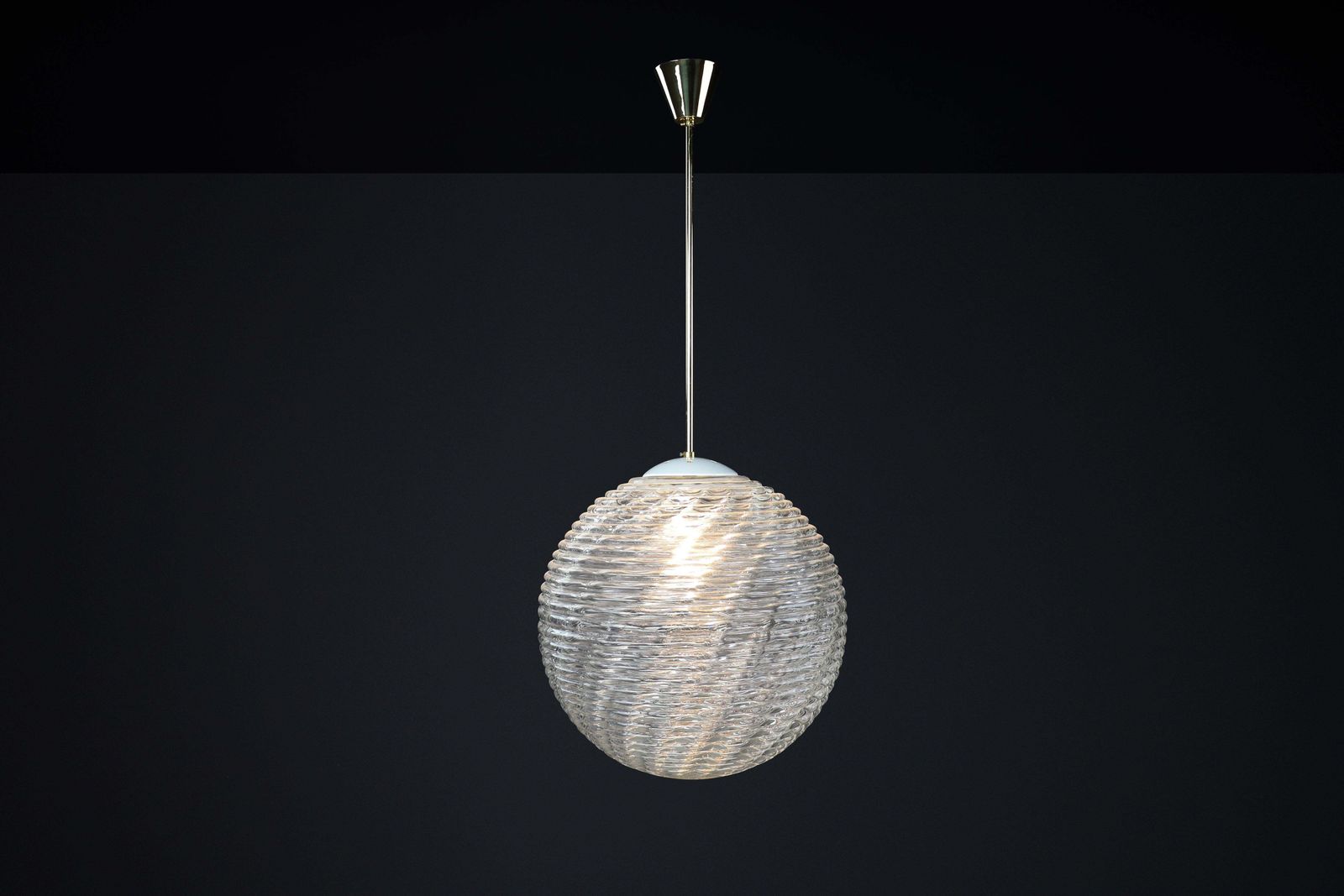 Midcentury Modern Xl  Brass And Pattern Glass Pendant, Prague 1960s photo Lighting