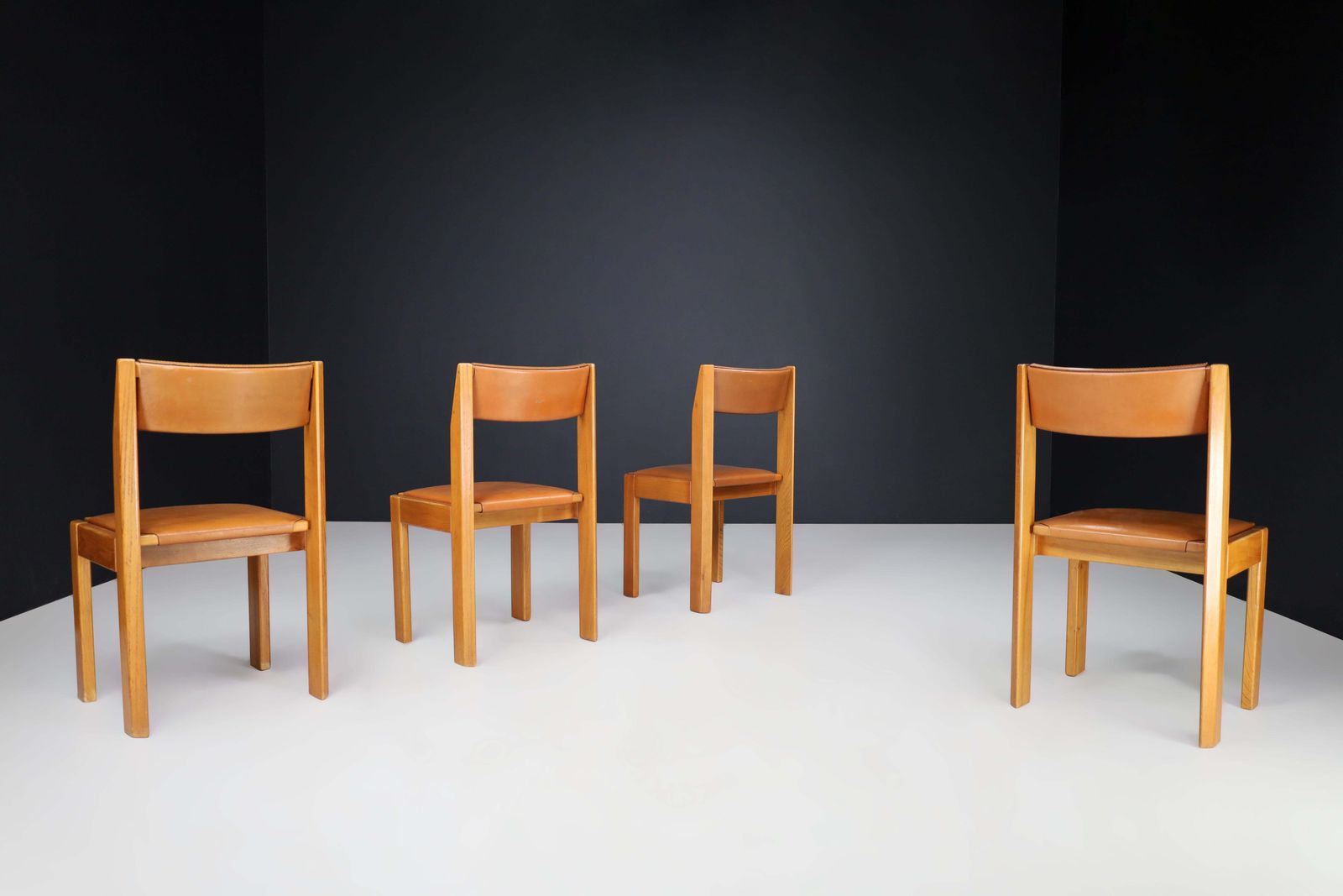 Set Of Four Luigi Gorgoni Dining Chairs In Elm And Leather For Roche Bobois. photo for sale