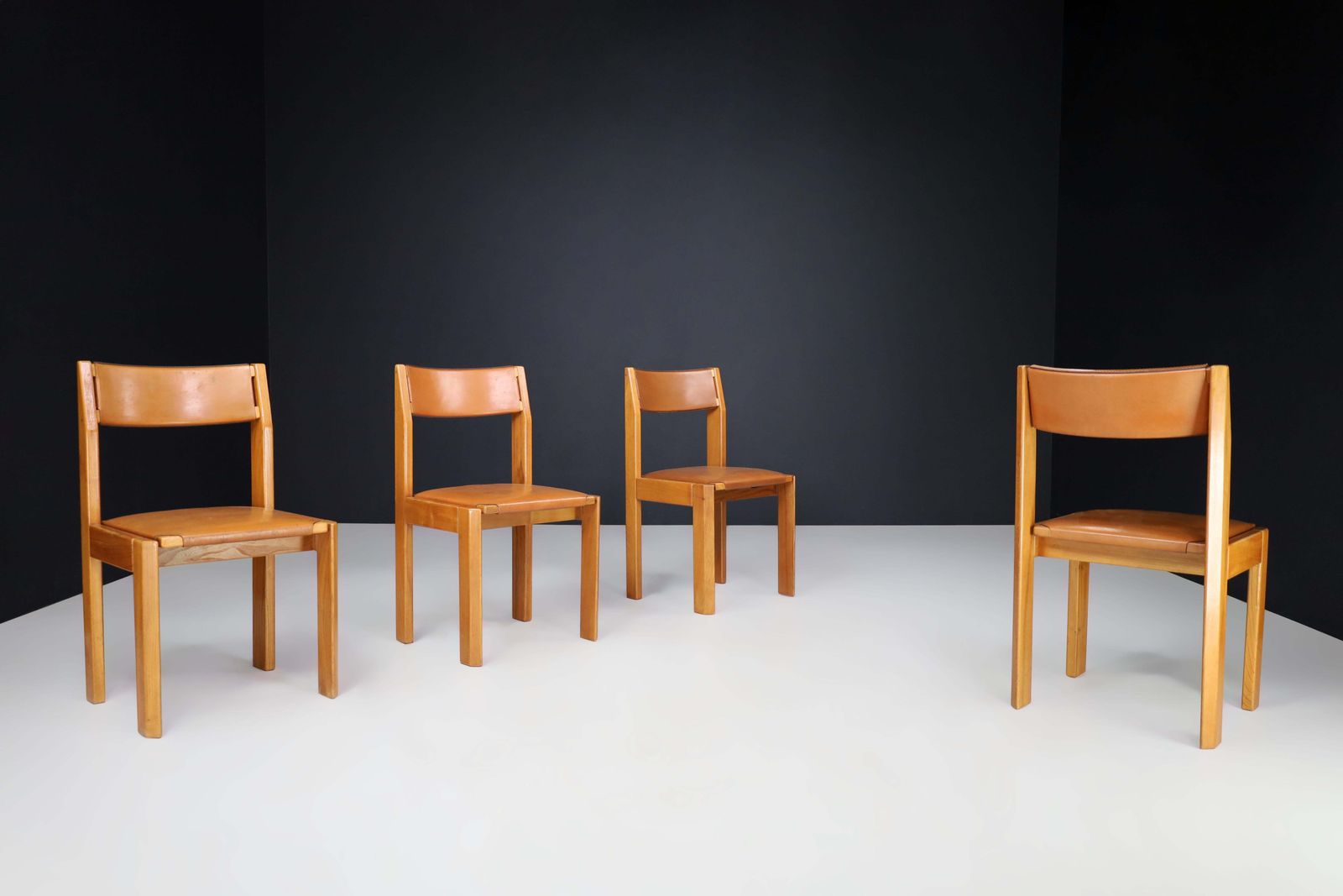 Set Of Four Luigi Gorgoni Dining Chairs In Elm And Leather For Roche Bobois. photo Furniture
