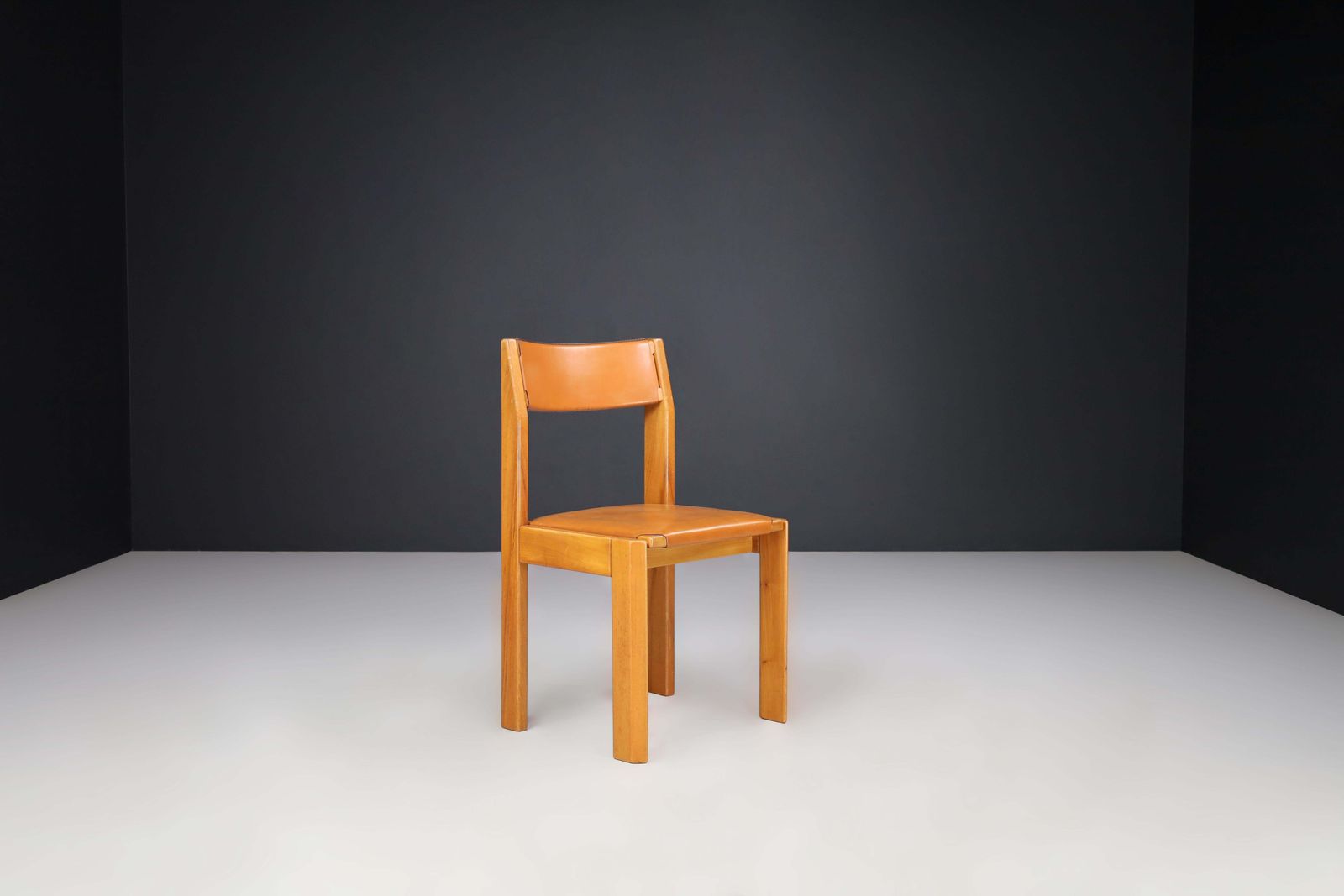 Set Of Four Luigi Gorgoni Dining Chairs In Elm And Leather For Roche Bobois. photo vinterior