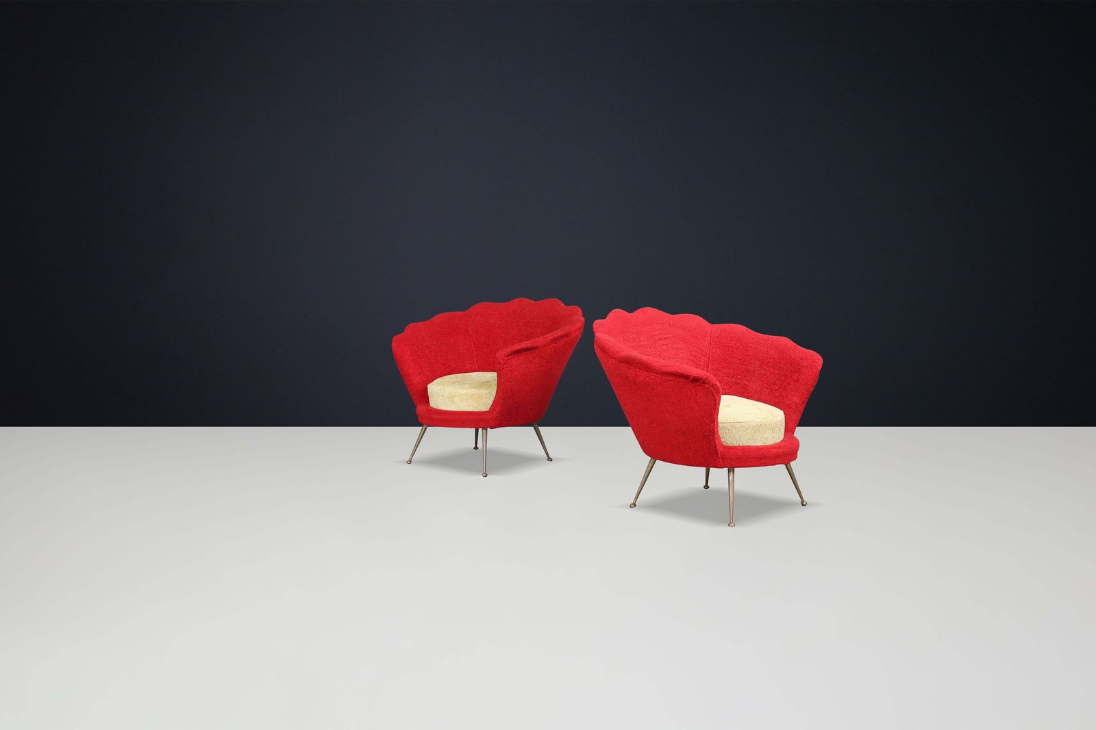 Mid Century Flower Shaped Lounge Chairs, Fabric Upholstery, Brass, Italy, 1950s photo furniture