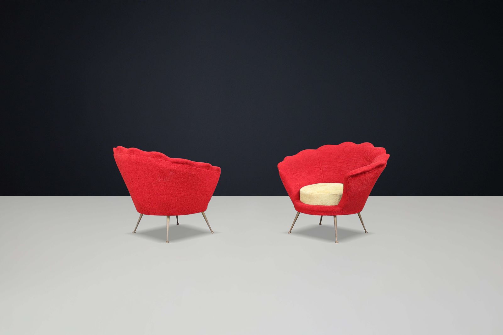 Mid Century Flower Shaped Lounge Chairs, Fabric Upholstery, Brass, Italy, 1950s photo Furniture