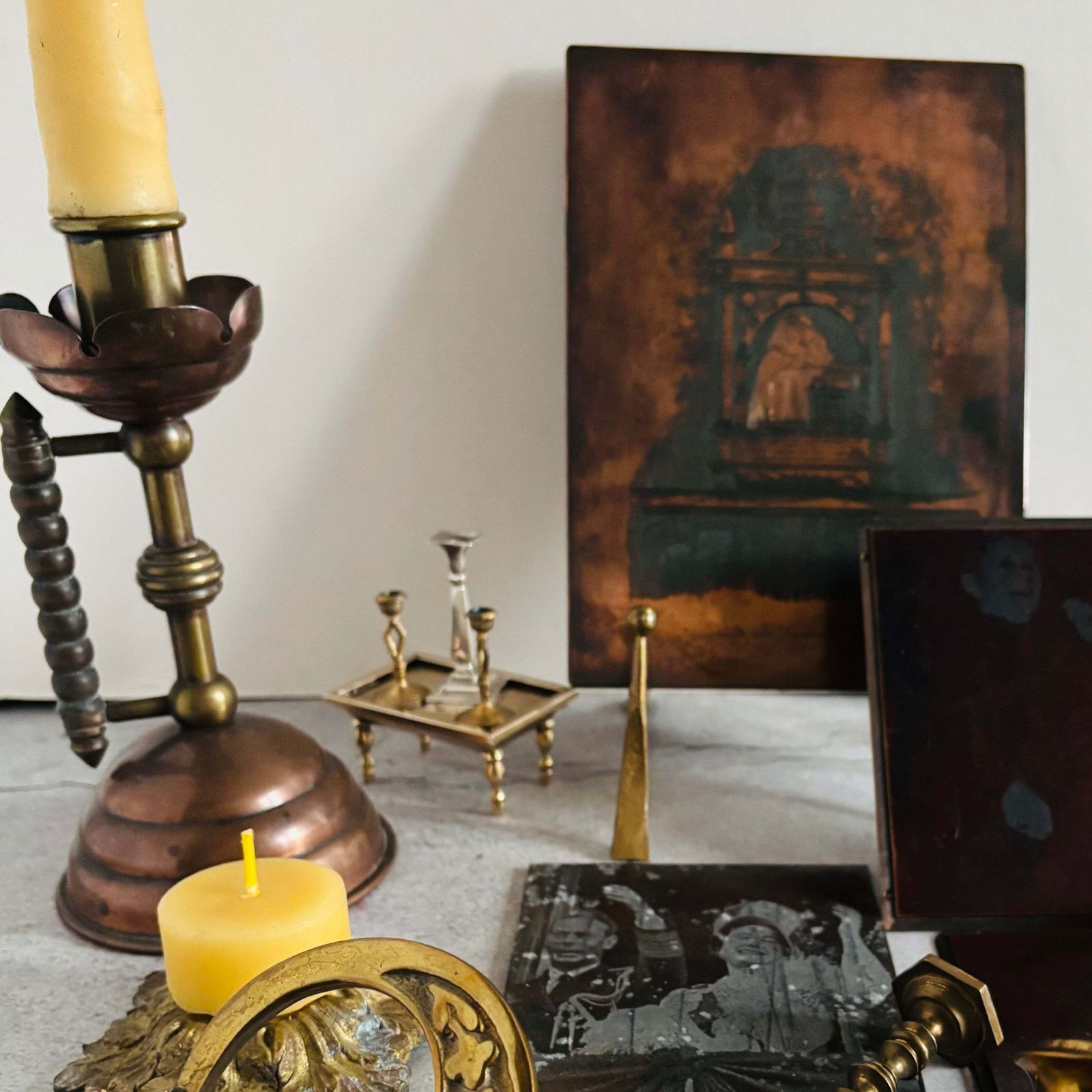 photo vintage Arts & Crafts Copper And Brass Candlestick