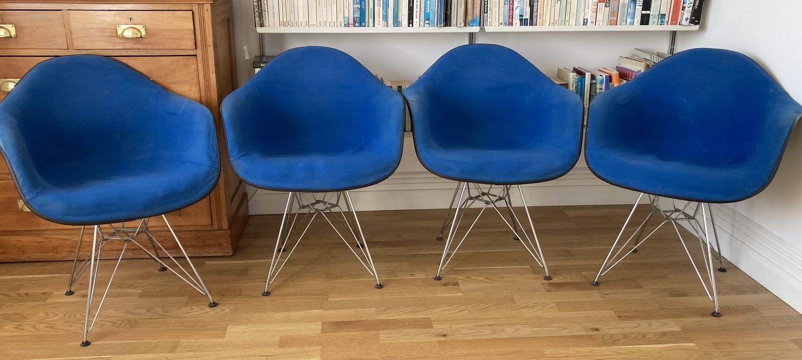 Set Of Four Plus One  Herman Miller Upholstered Fibreglass Eames Shell ‘Bucket’ Chairs With Chrome ‘Eiffel’ Bases.