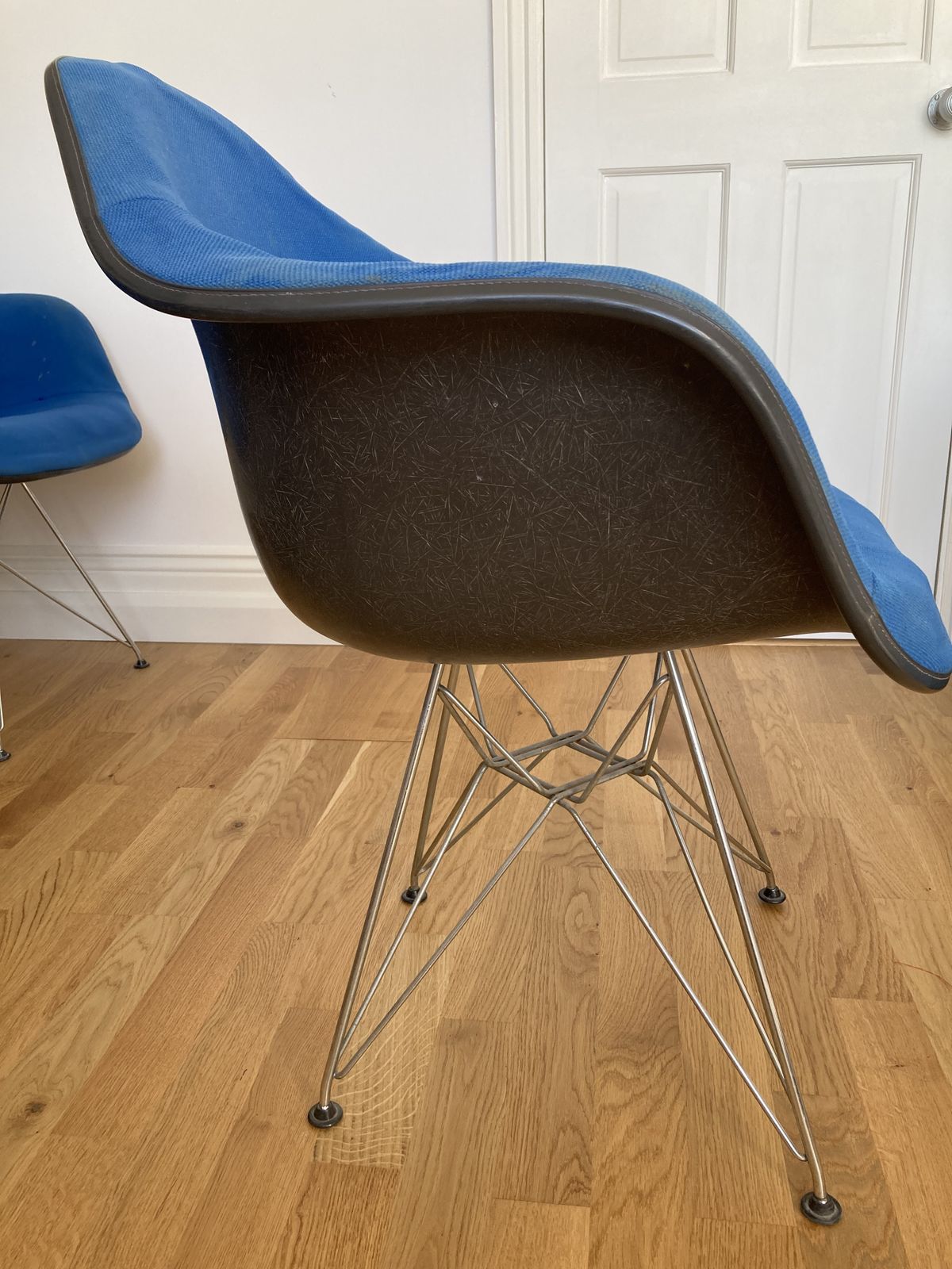 Set Of Four Plus One  Herman Miller Upholstered Fibreglass Eames Shell ‘Bucket’ Chairs With Chrome ‘Eiffel’ Bases. photo buy