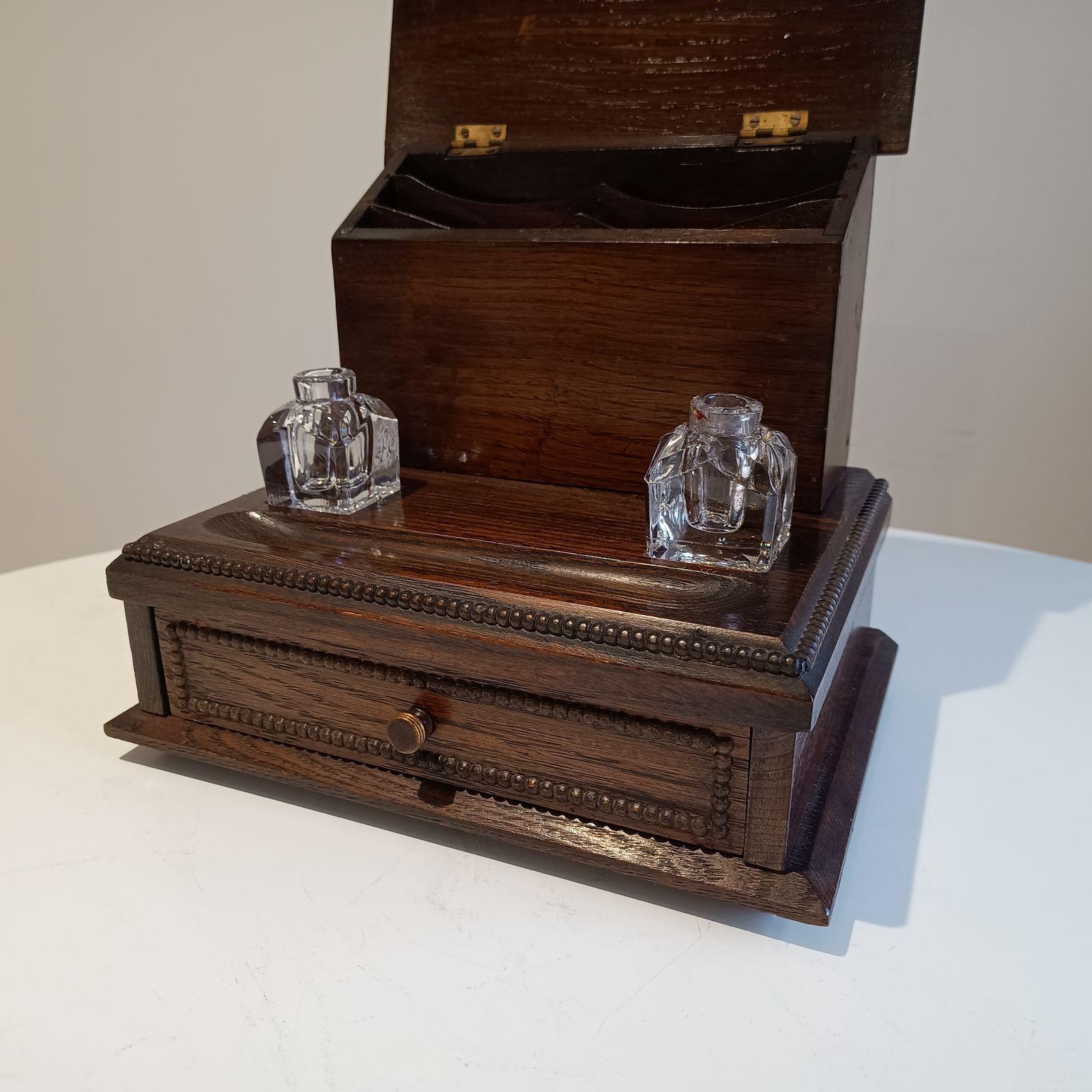 photo buy Antique English Small Oak Desk Tidy With Lidded Papers Holder And Pull Out Drawer, Cut Crystal Inkwells