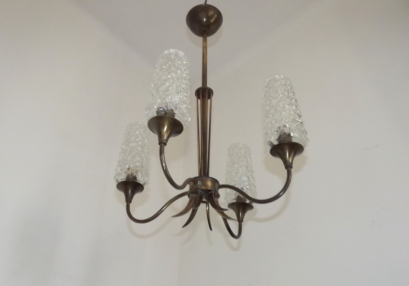 Stylish French Vintage 4 Light Brass And Bronze Chandelier With Cut Glass Shades Circa 1960s