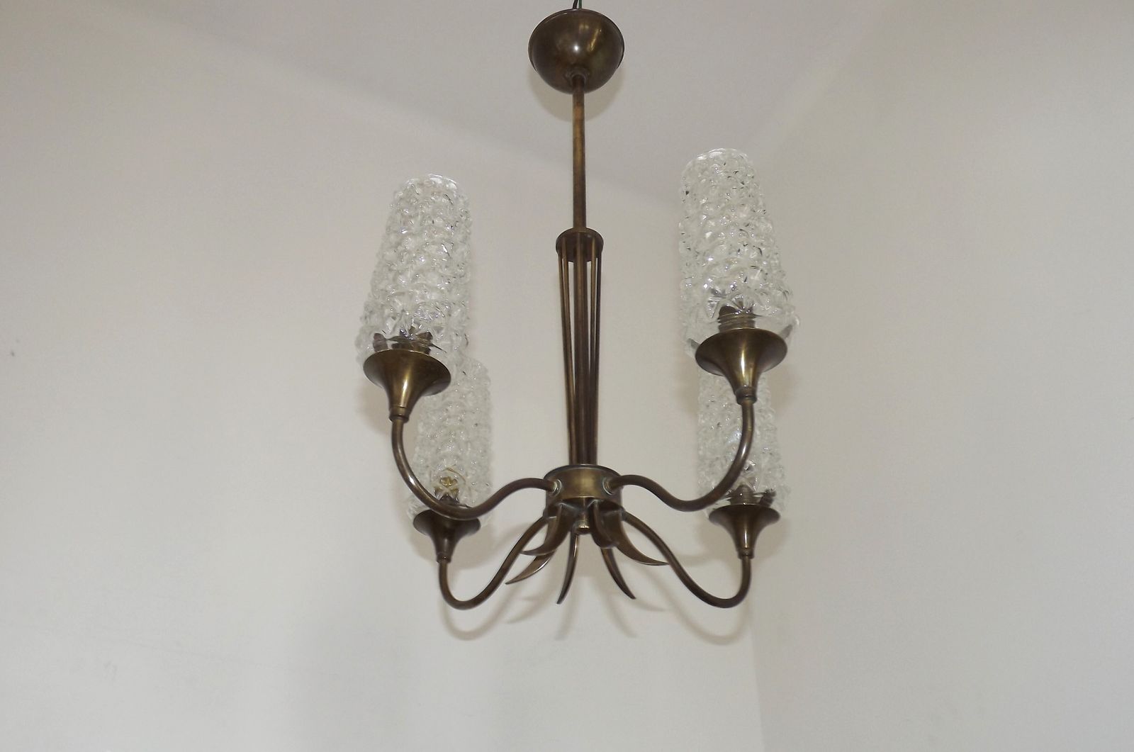 Stylish French Vintage 4 Light Brass And Bronze Chandelier With Cut Glass Shades Circa 1960s photo for sale