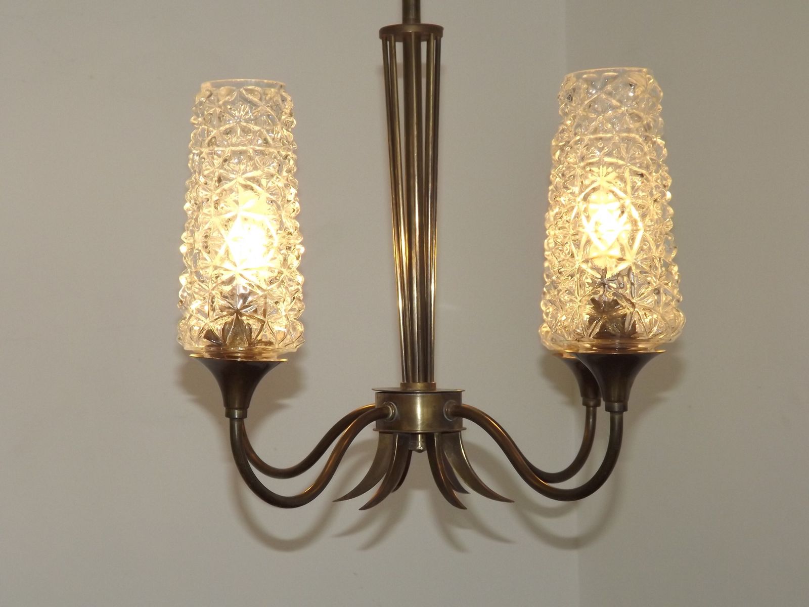 Lighting Stylish French Vintage 4 Light Brass And Bronze Chandelier With Cut Glass Shades Circa 1960s photo