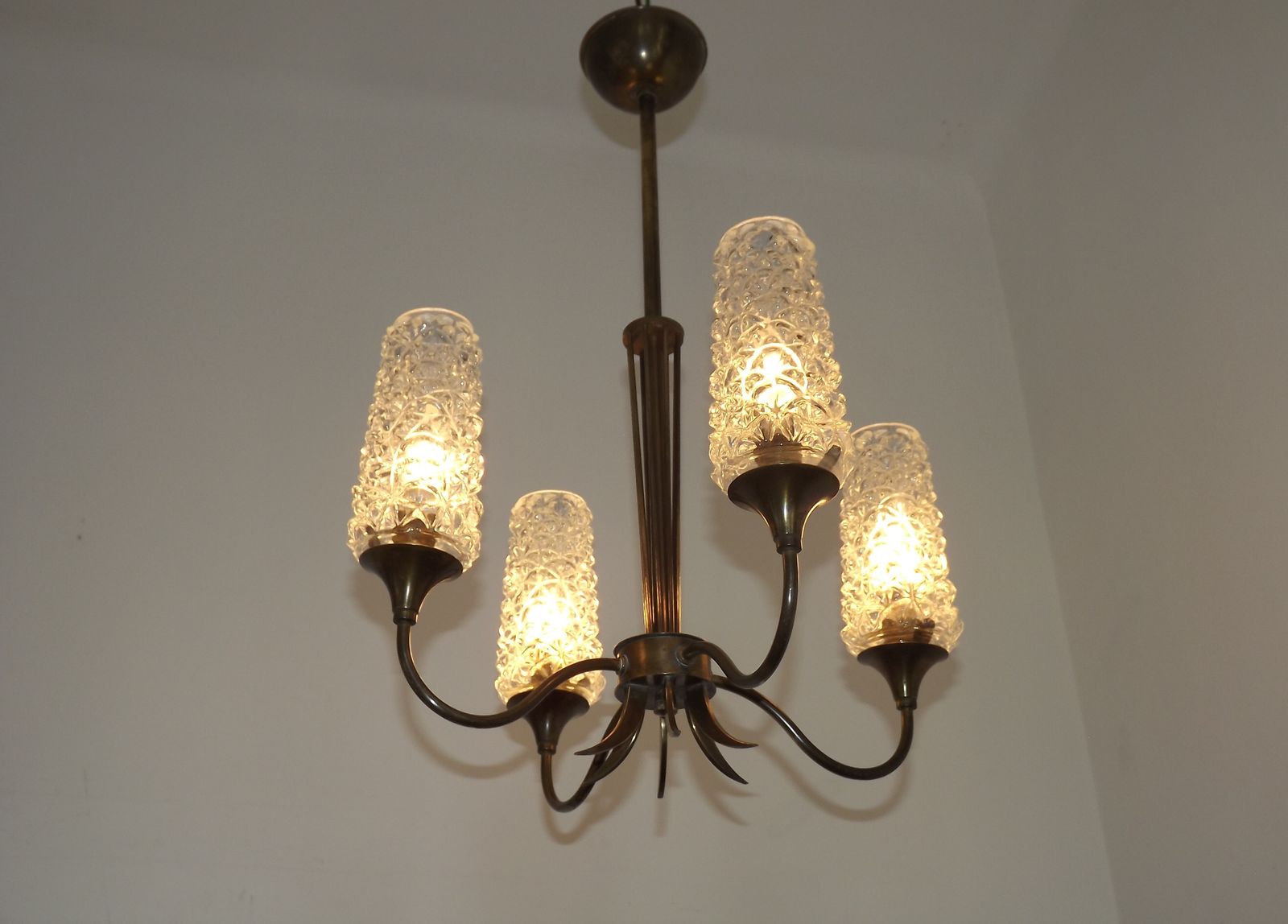Stylish French Vintage 4 Light Brass And Bronze Chandelier With Cut Glass Shades Circa 1960s photo furniture