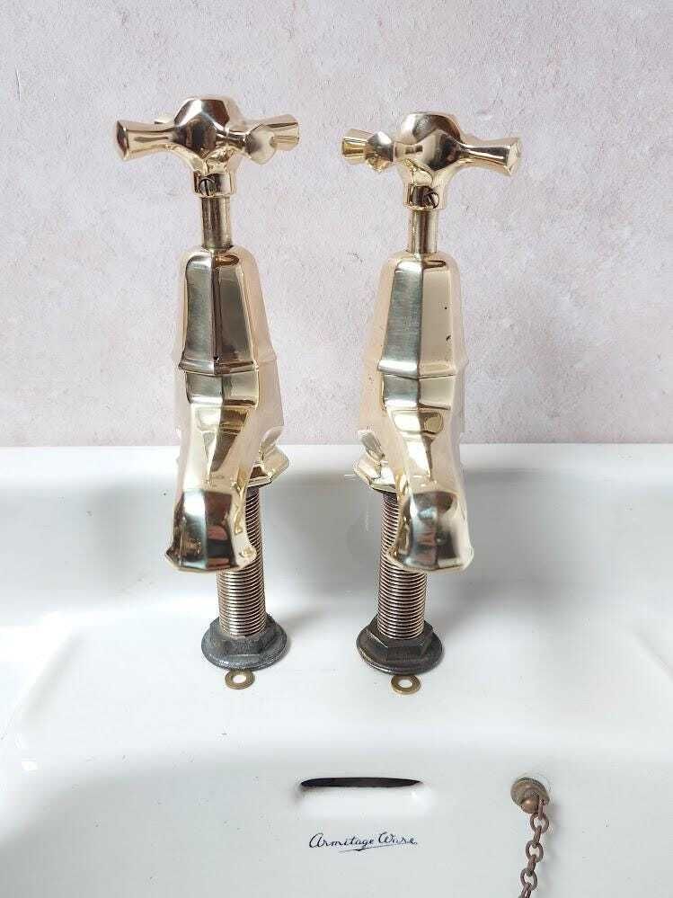 Pair Of Original Art Deco Basin Taps, Polished Brass Sink Faucets, 1920s Basin Taps, Overhauled And Ready To Fit. photo 245.0