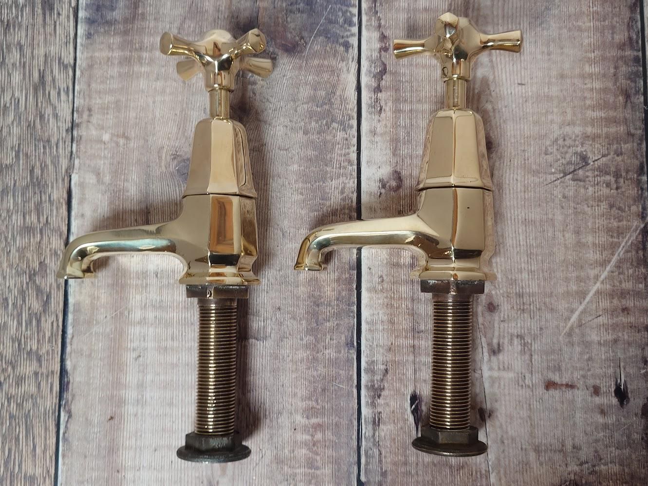 Pair Of Original Art Deco Basin Taps, Polished Brass Sink Faucets, 1920s Basin Taps, Overhauled And Ready To Fit. photo buy