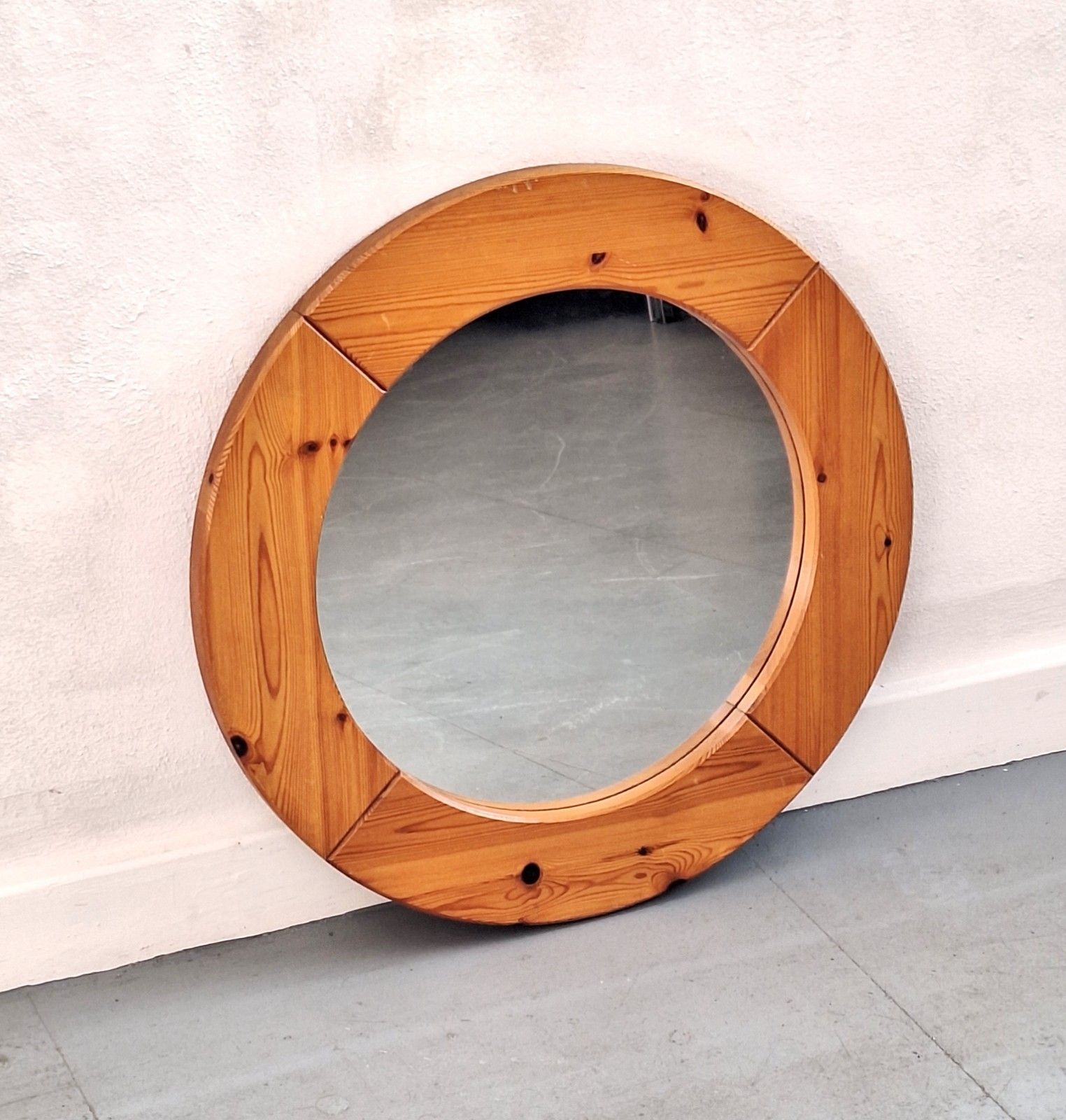 Vintage Scandinavian 70s Pine Circular Wall Mirror photo furniture