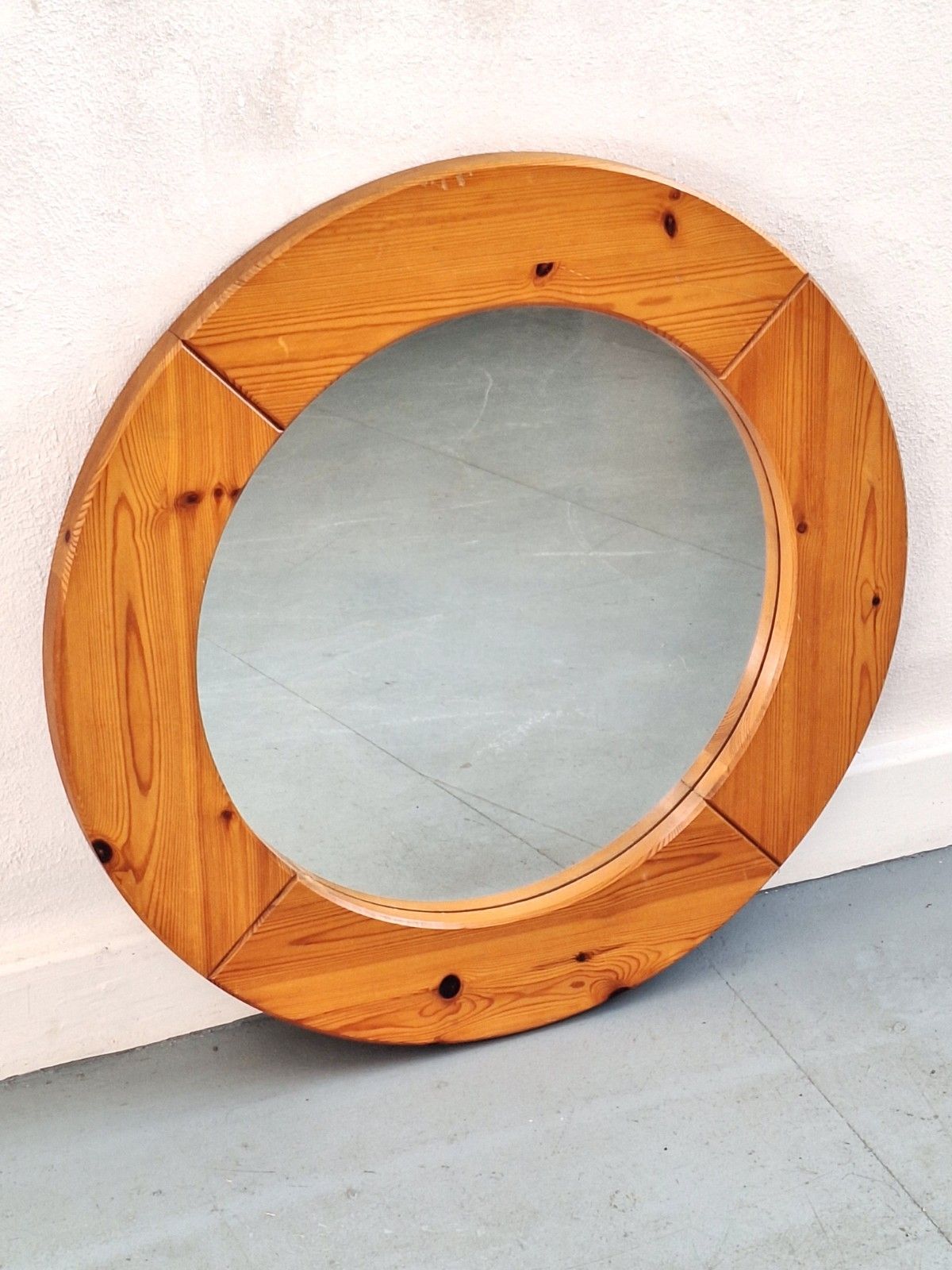 Vintage Scandinavian 70s Pine Circular Wall Mirror photo for sale
