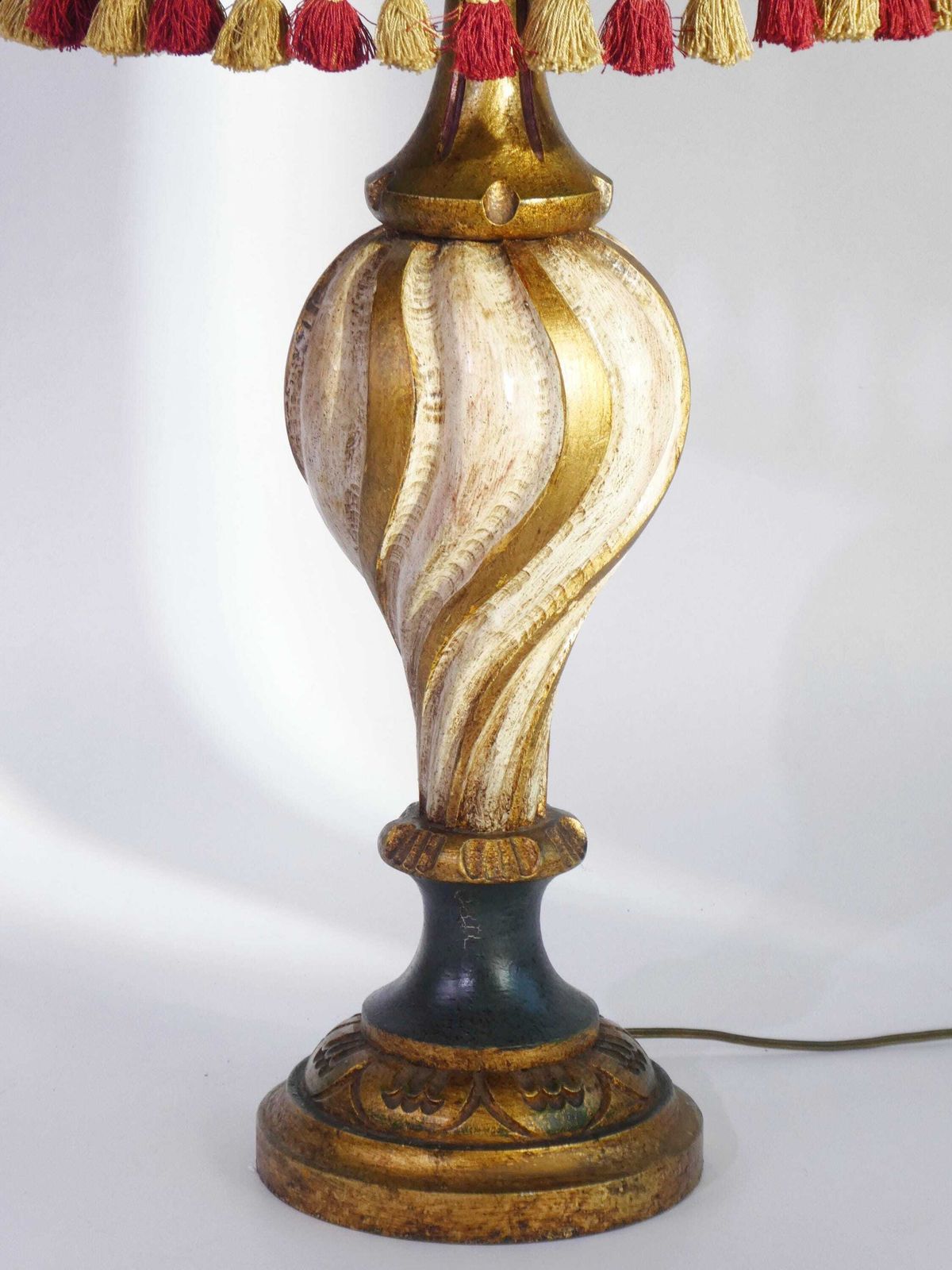Extra Large Vintage Florentine Wooden Table Lamp With Red Fabric Shade, Desk Light Golden Base And Colourful Shade, Italian Sconce photo for sale
