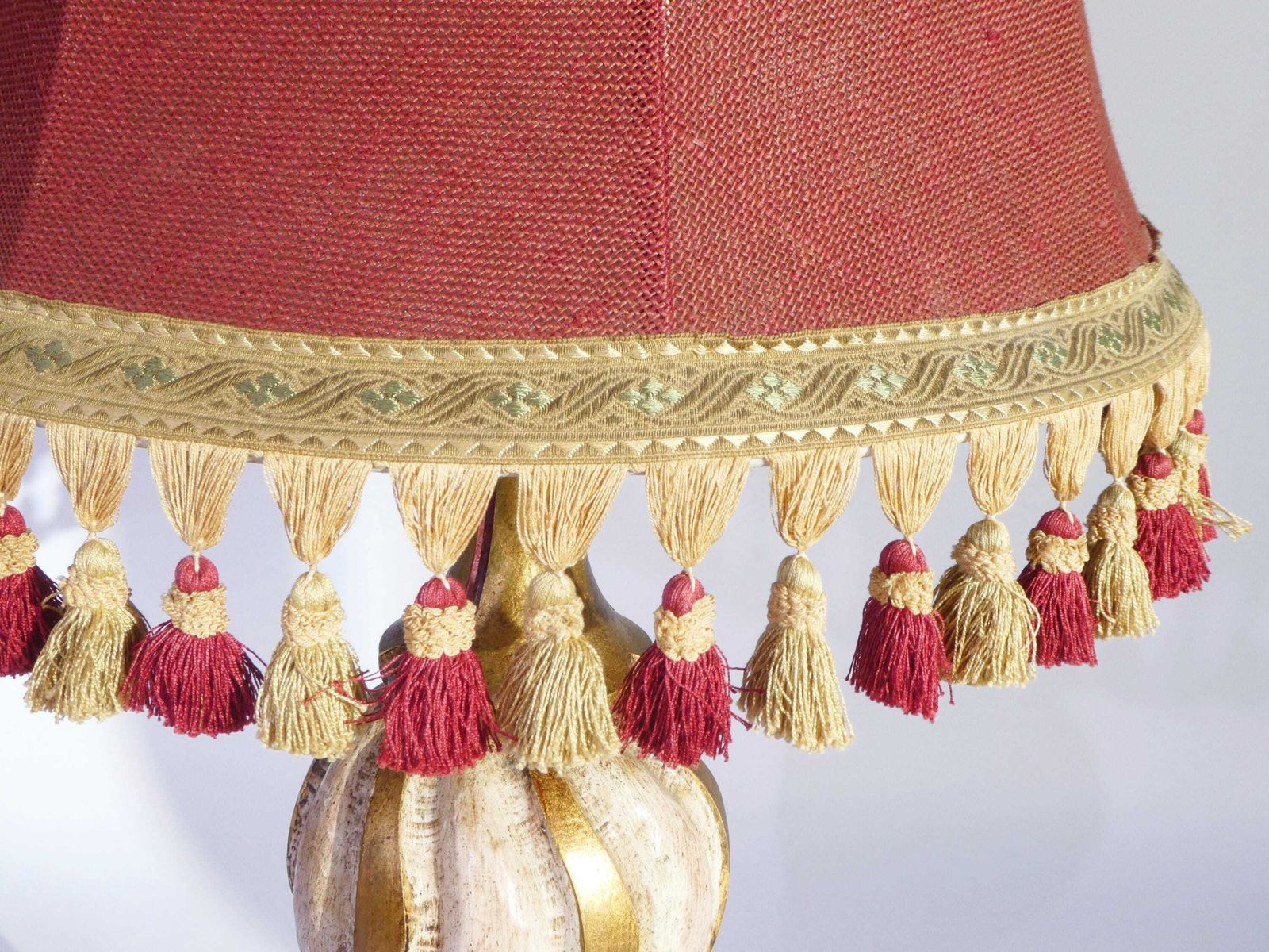 Extra Large Vintage Florentine Wooden Table Lamp With Red Fabric Shade, Desk Light Golden Base And Colourful Shade, Italian Sconce photo vinterior