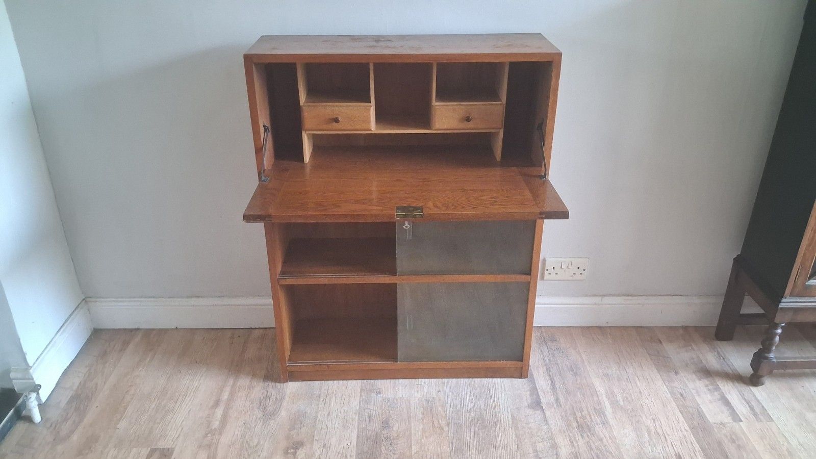 photo buy Delightful  1960's Odhams Of London Solid Oak Mid Century Bookcase /Bureau