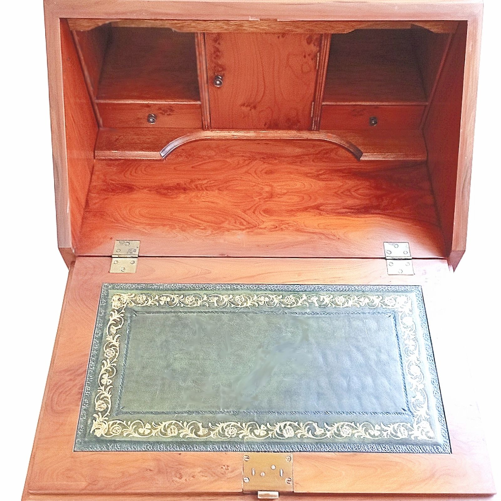 photo furniture Narrow Yew Wood Bureau With Sloping Fall Front And Leather Writing Surface