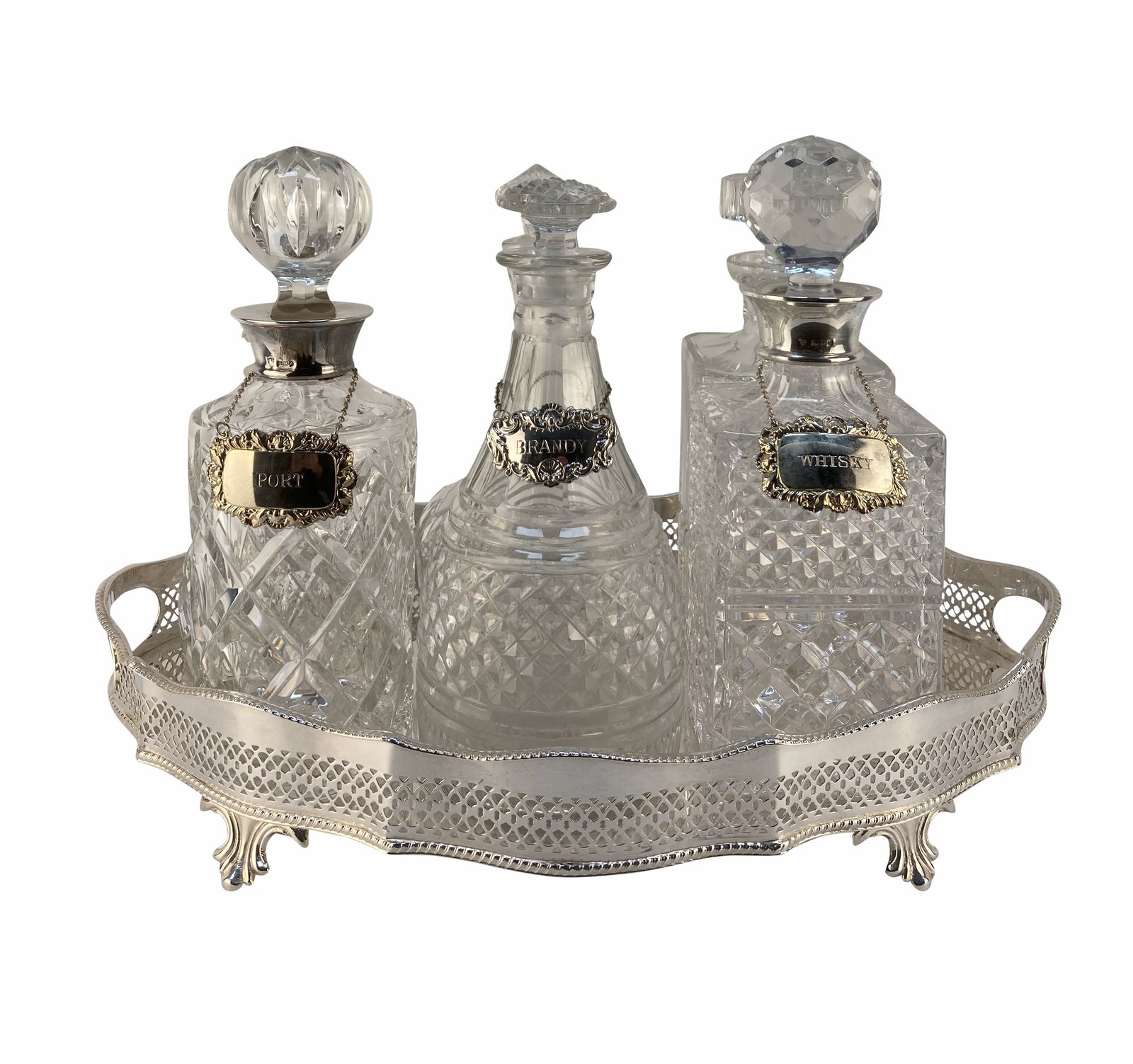 A Silver Drinks Tray With Decanters, Some With Sterling Silver Collars