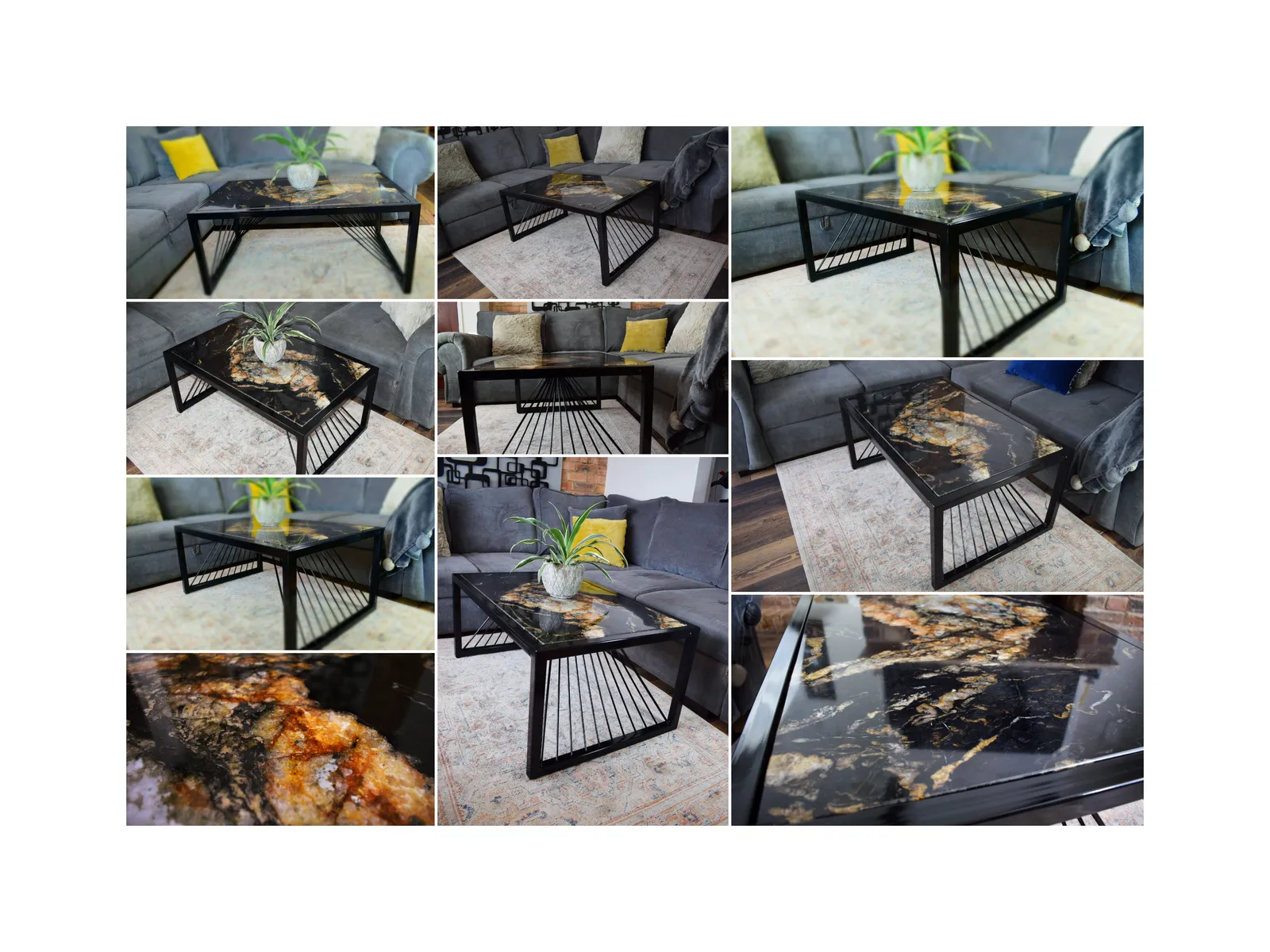 Black Fusion Coffee Table , Industrial Real Stone Top Black Metal Frame Modern Handmade Furniture photo vinterior