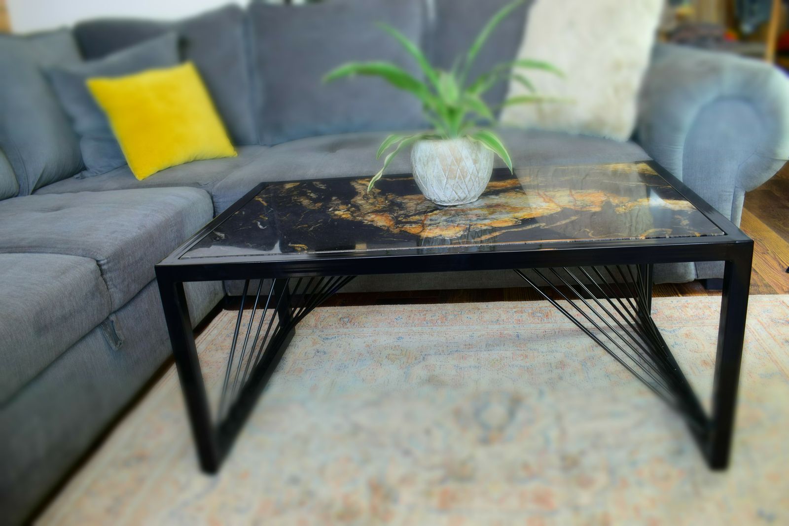 Black Fusion Coffee Table , Industrial Real Stone Top Black Metal Frame Modern Handmade Furniture photo 700.0
