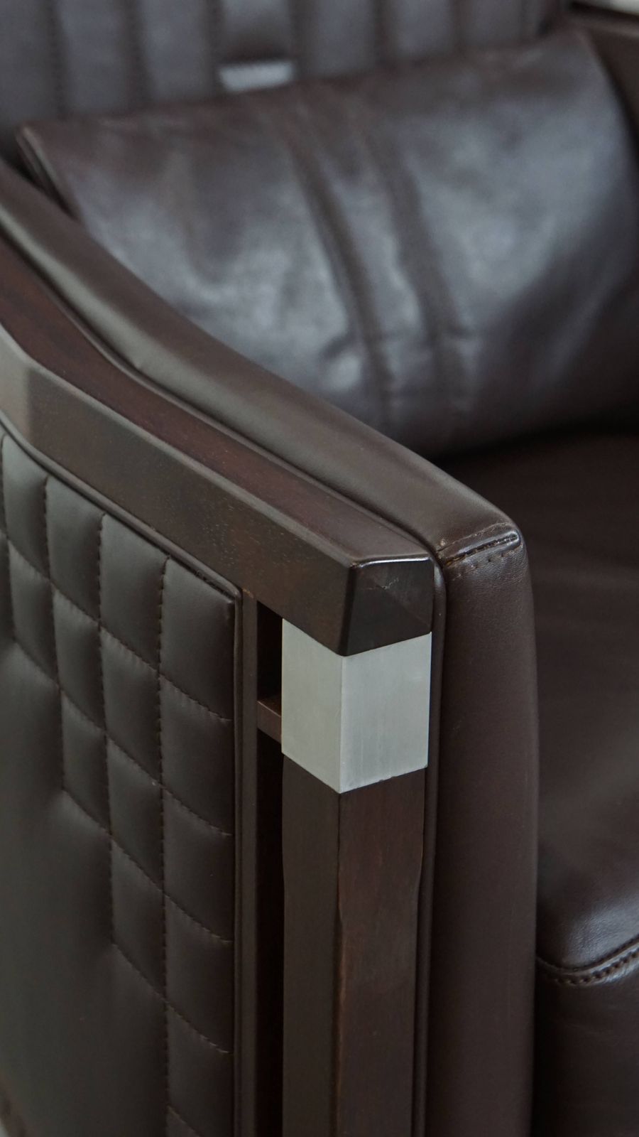 Furniture Luxurious Art Deco Design Armchair With Dark Brown Leather With Decorative Stitching photo