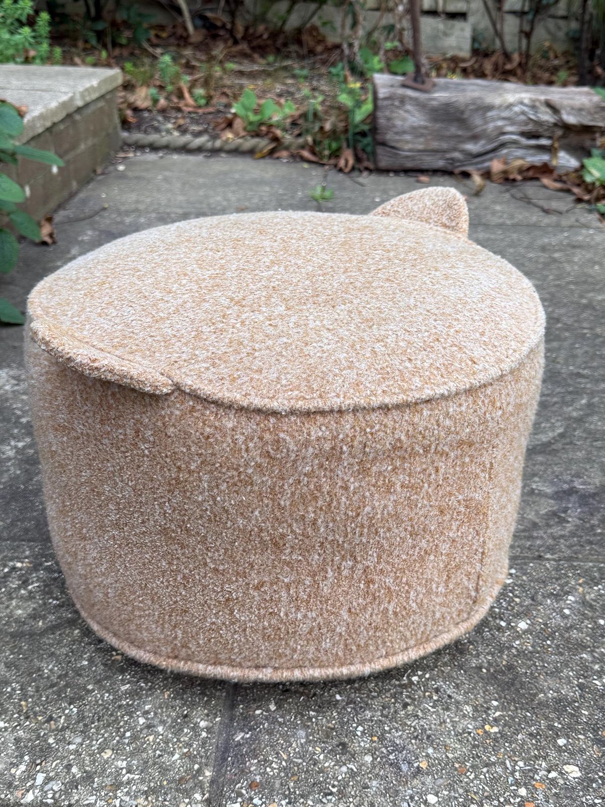 Vintage Retro Wool Covered Pouf Footstool In Soft Camel Tan With Ear Like Handles photo for sale