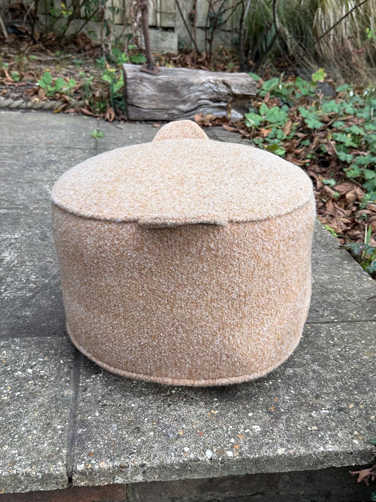 Vintage Retro Wool Covered Pouf Footstool In Soft Camel Tan With Ear Like Handles photo vinterior