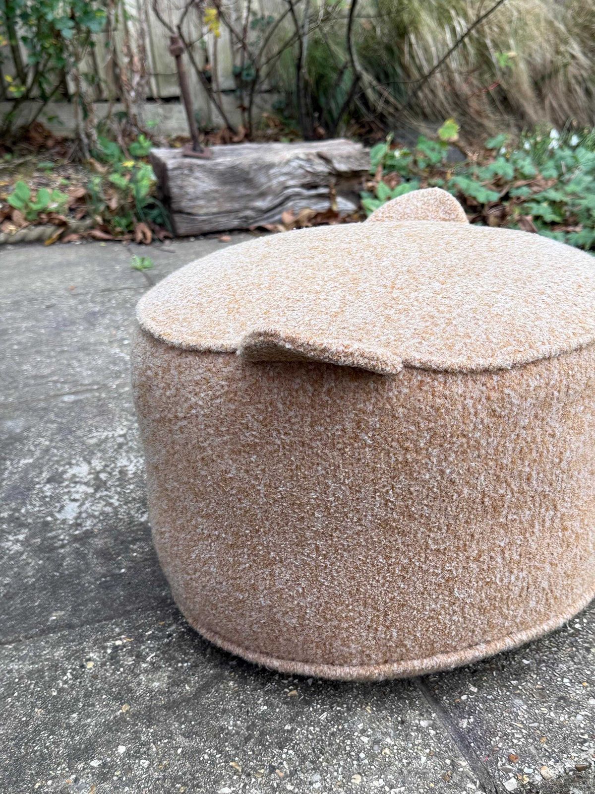 Furniture Vintage Retro Wool Covered Pouf Footstool In Soft Camel Tan With Ear Like Handles photo