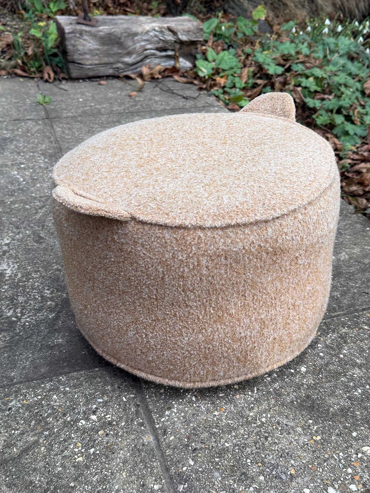 photo buy Vintage Retro Wool Covered Pouf Footstool In Soft Camel Tan With Ear Like Handles