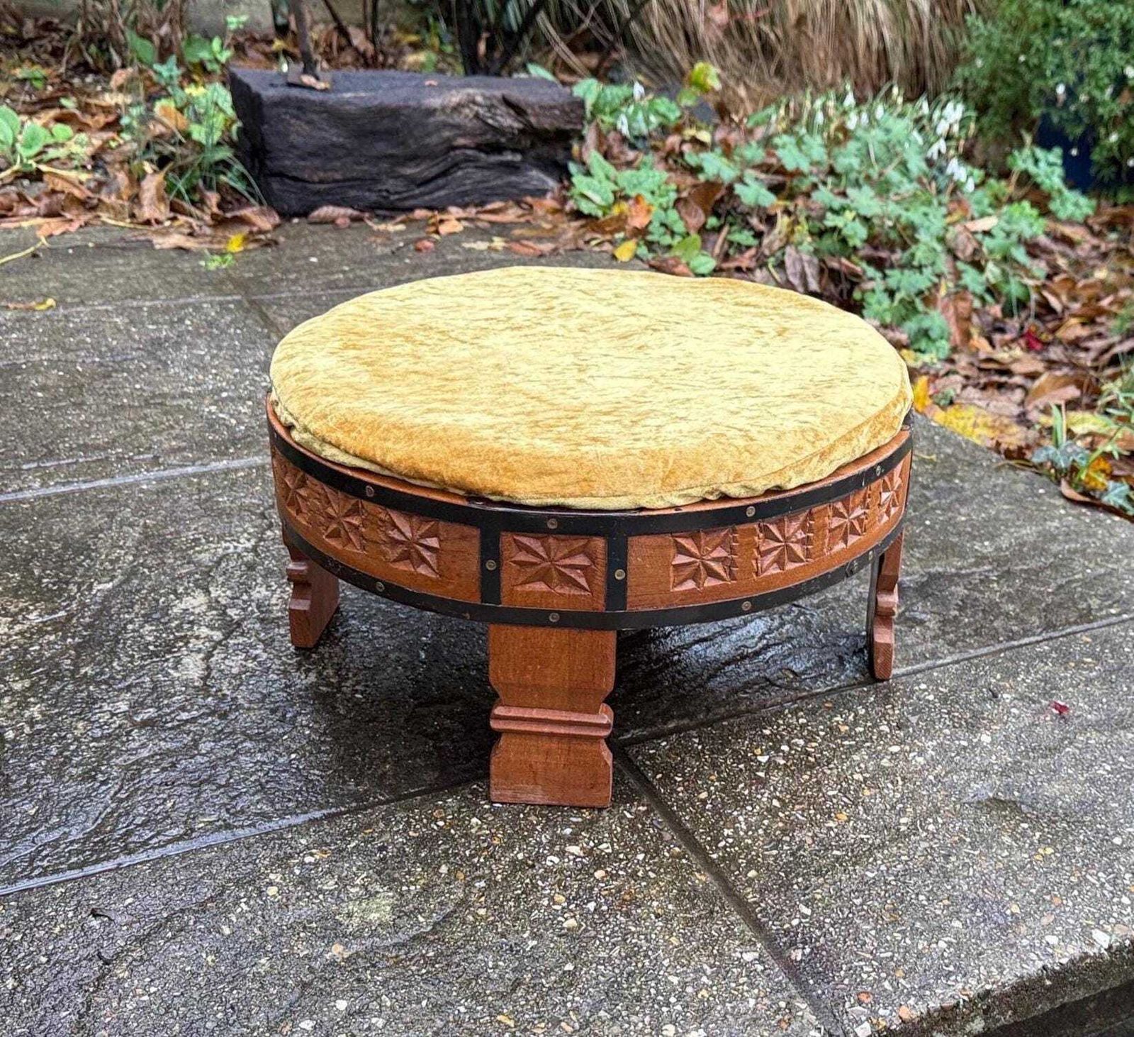 Vintage Hand Carved Wooden Footstool, Asian Hardwood Stool With Velvet Seat & Brass Detailing