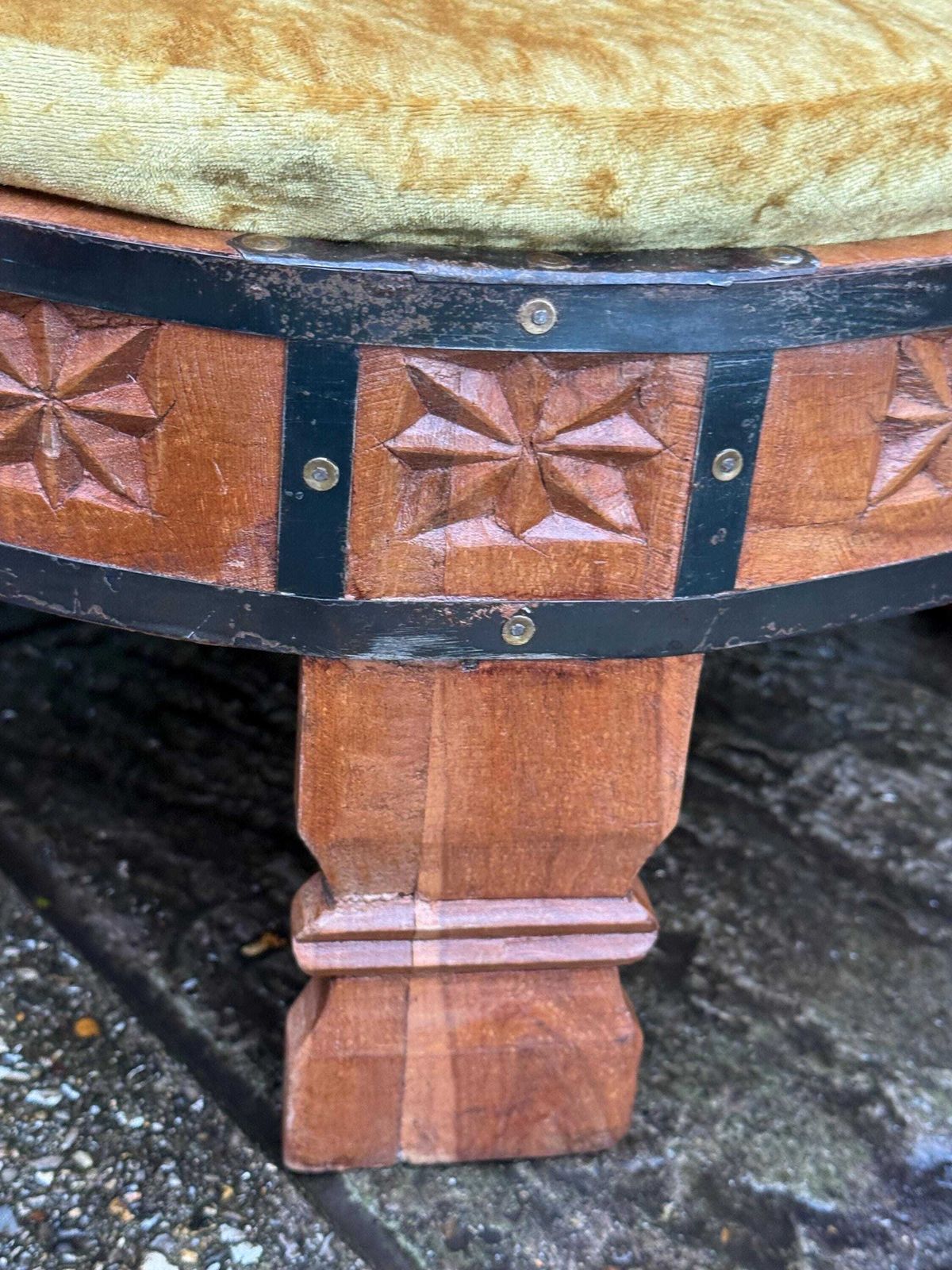 Furniture Vintage Hand Carved Wooden Footstool, Asian Hardwood Stool With Velvet Seat & Brass Detailing photo