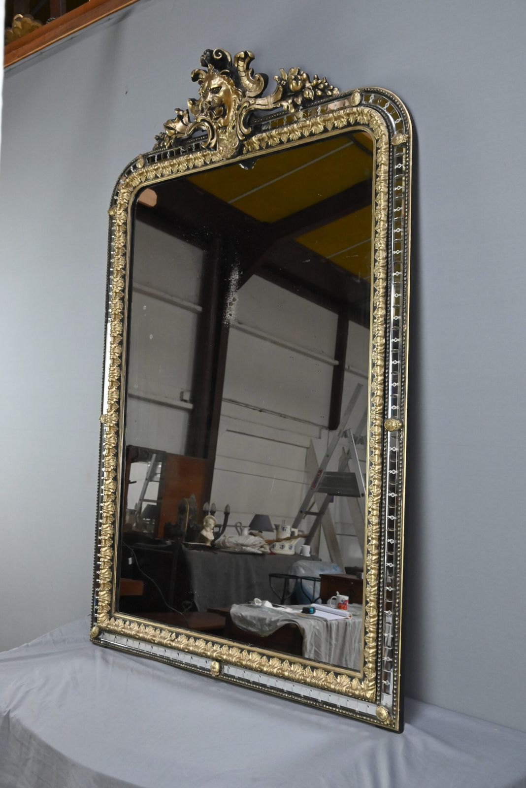 Large Mirror With Parcloses In Gilded And Blackened Wood, Napoleon III Style – Late 19th Century photo for sale