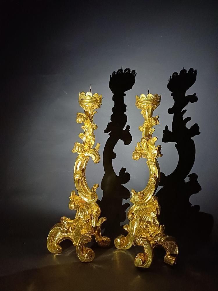 Large Baroque Giltwood Candleholders, 1700s, Set Of 2 photo for sale