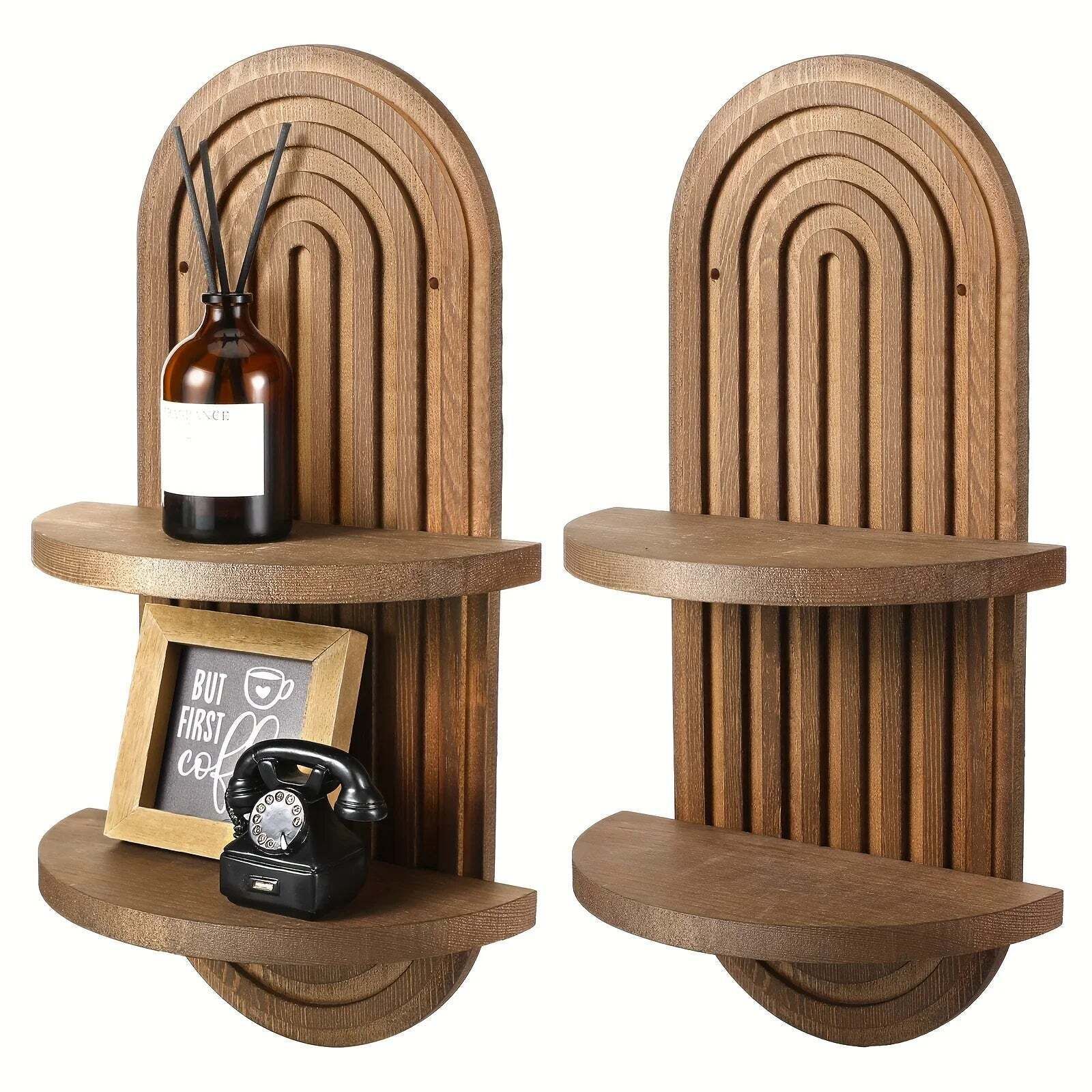 Set Of 2 Rainbow Arch Brownwooden Wall Shelves