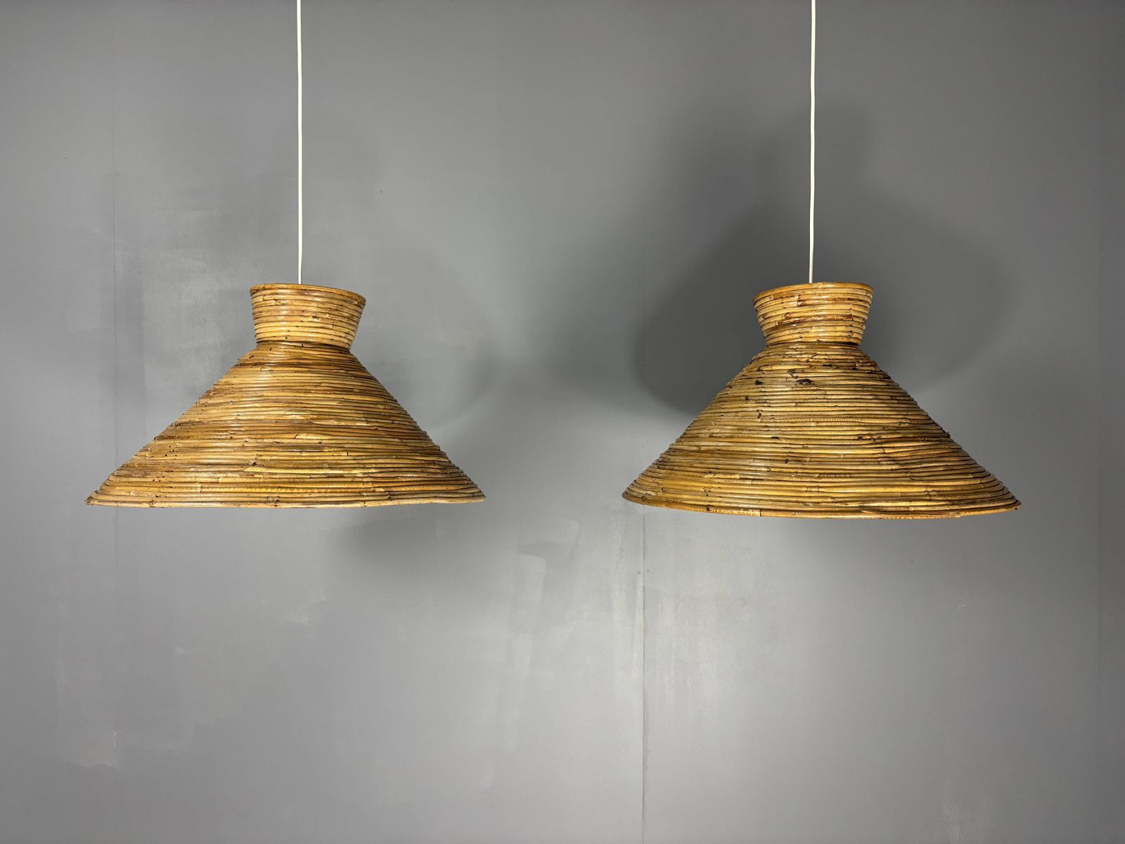 Midcentury Pair Pencil Rattan Large ( 62 Cm ) Pendants, Italy 1970s photo Lighting