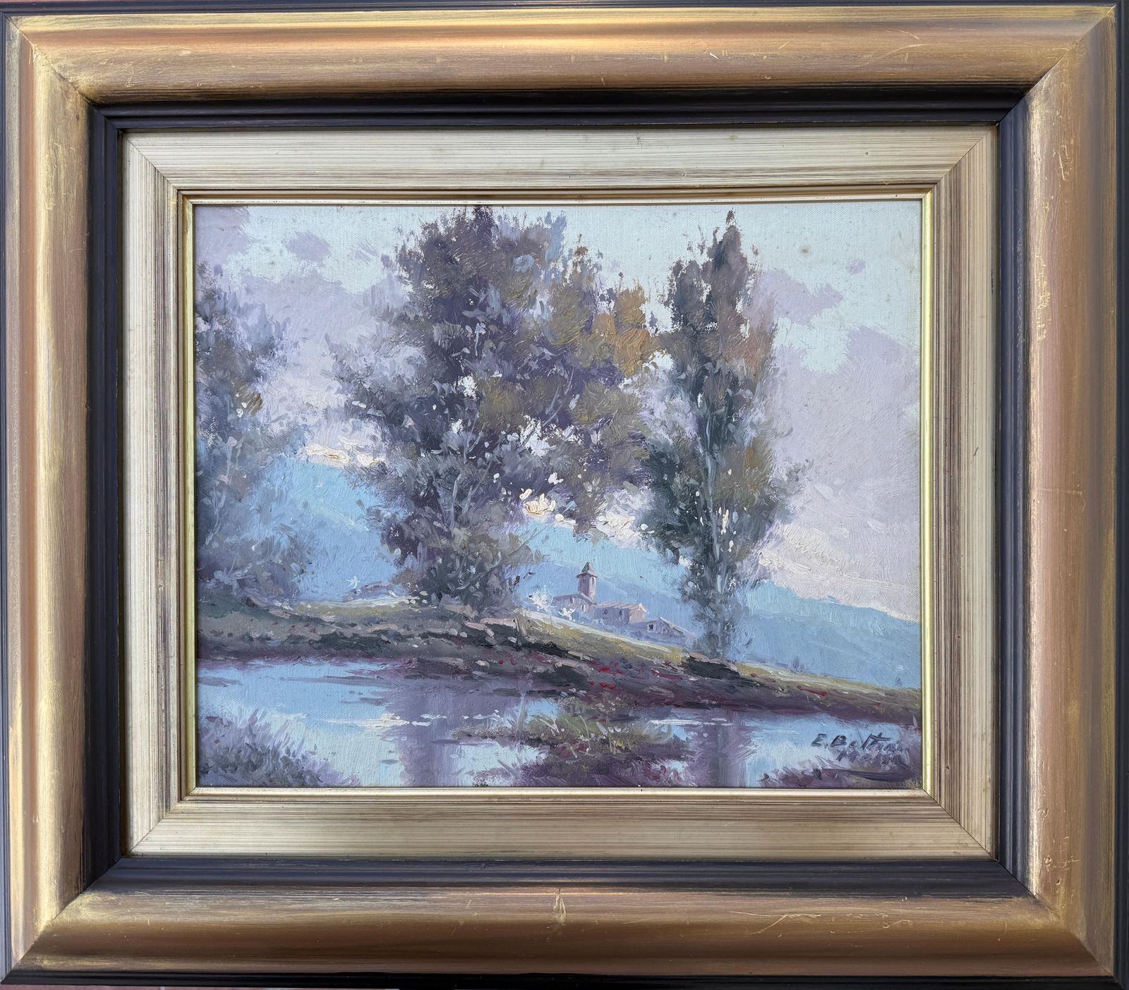 Enric Beltran Messa Landscape With Lake And Bell Tower Oil On Canvas Painting Spanish Landscape C.1980